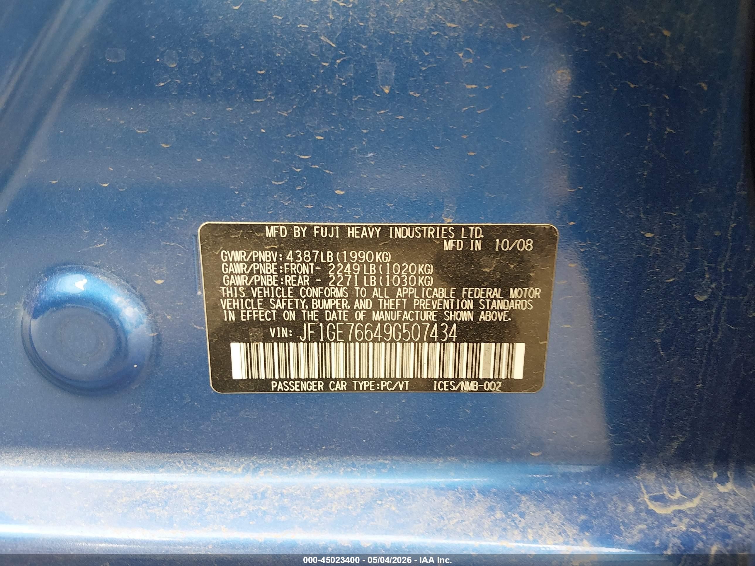 2009 Subaru Impreza Wrx Blue vin: JF1GE76649G507434