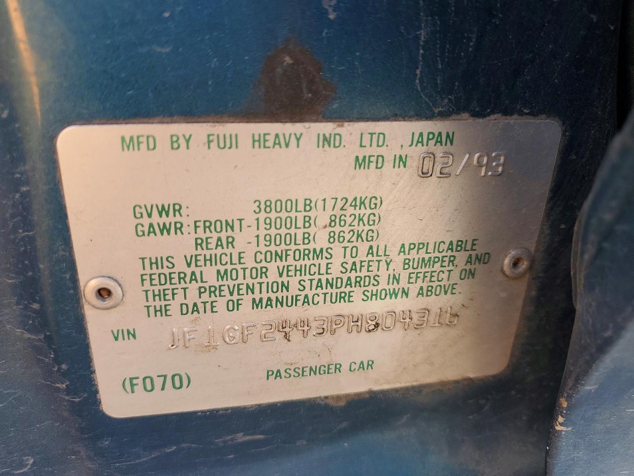 1993 Subaru Impreza L Plus Green vin: JF1GF2443PH804316