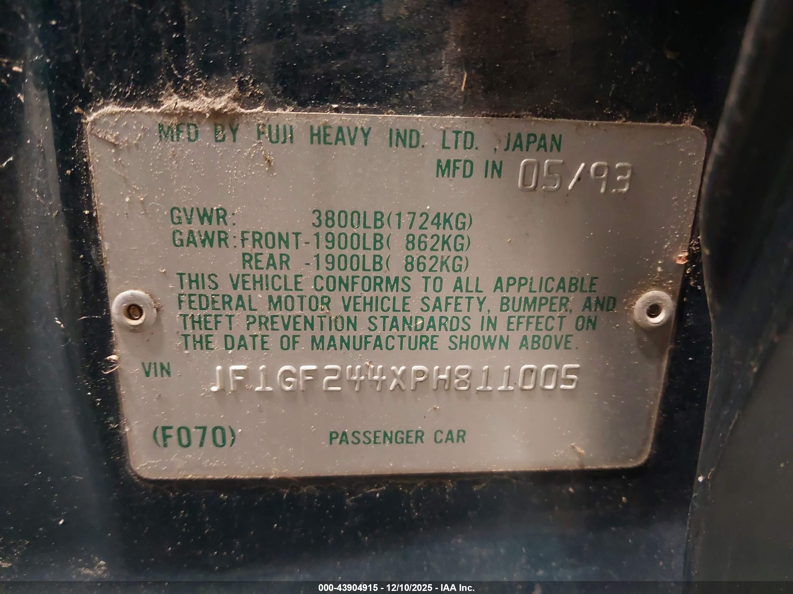 1993 Subaru Impreza L Plus Green vin: JF1GF244XPH811005