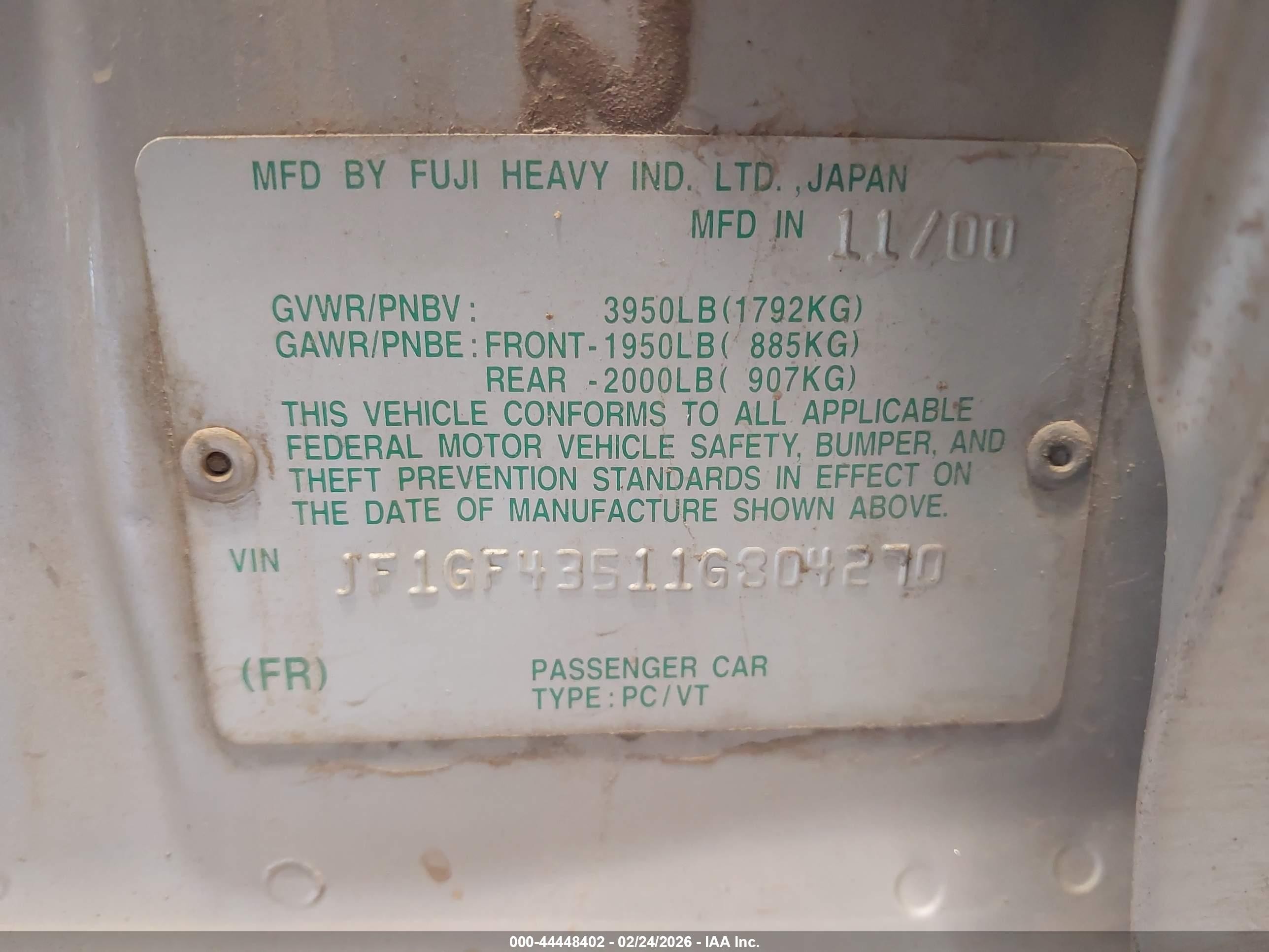 2001 Subaru Impreza L Silver vin: JF1GF43511G804270