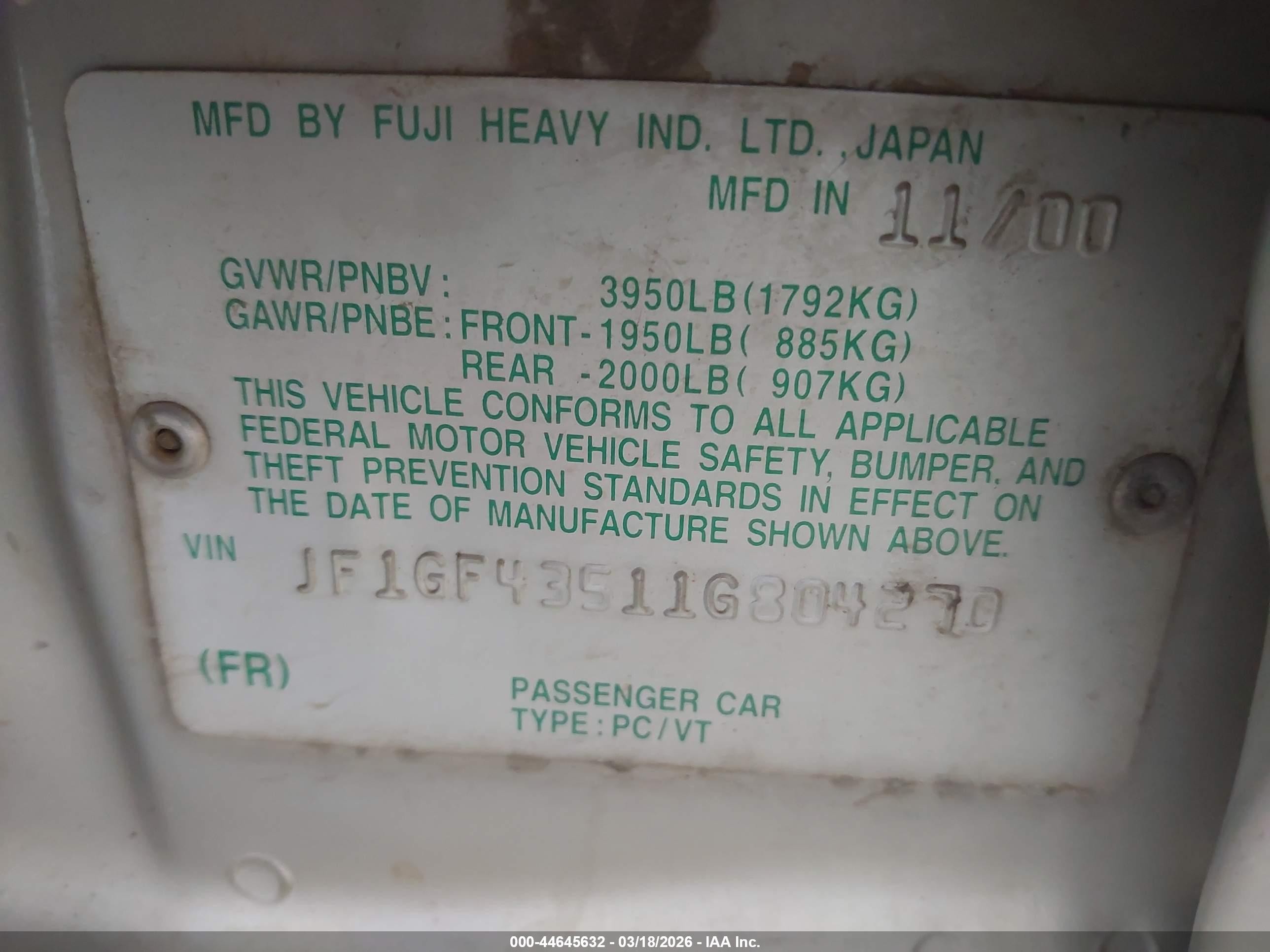 2001 Subaru Impreza L Silver vin: JF1GF43511G804270