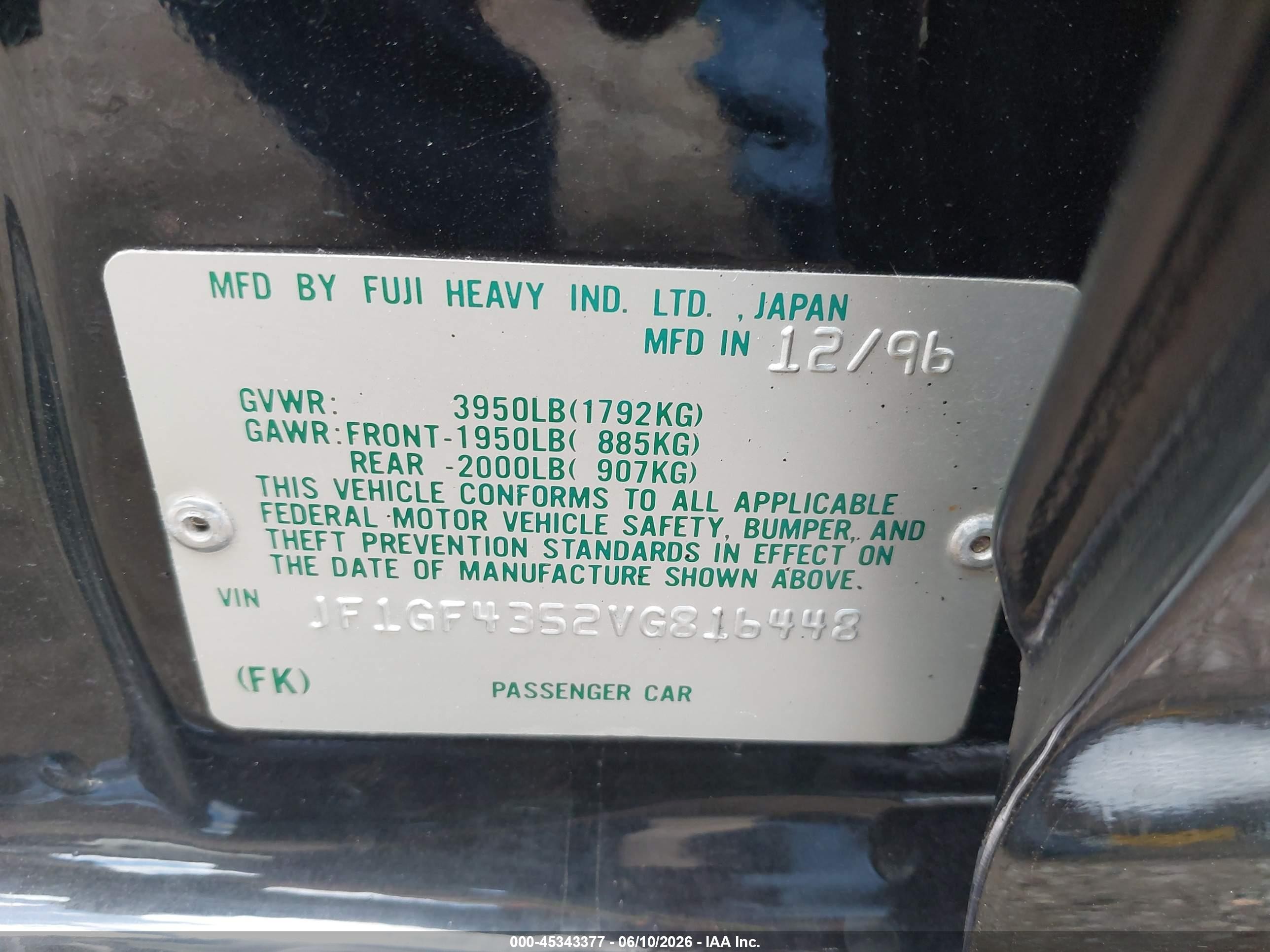 1997 Subaru Impreza L Black vin: JF1GF4352VG816448