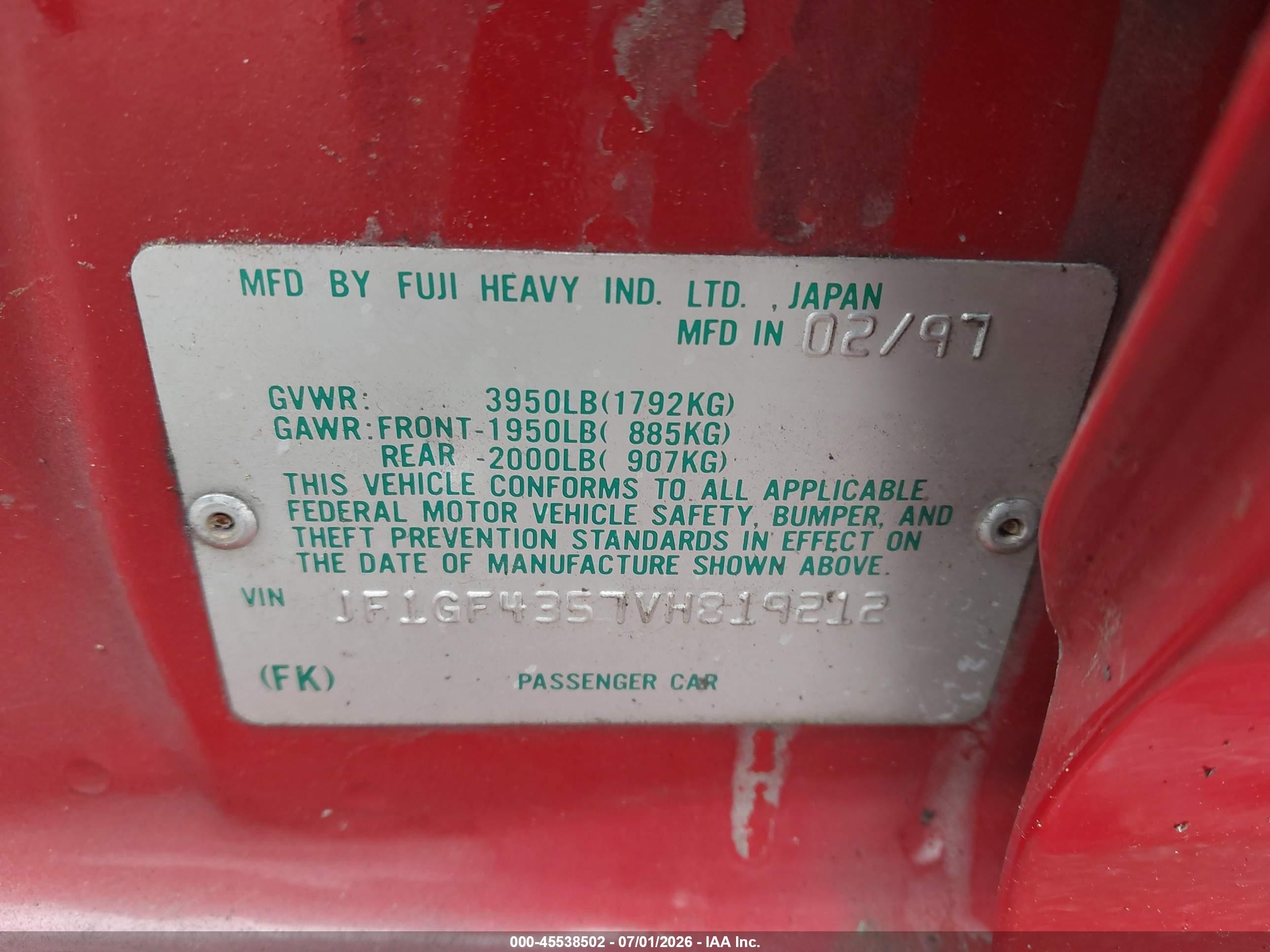 1997 Subaru Impreza L Red vin: JF1GF4357VH819212