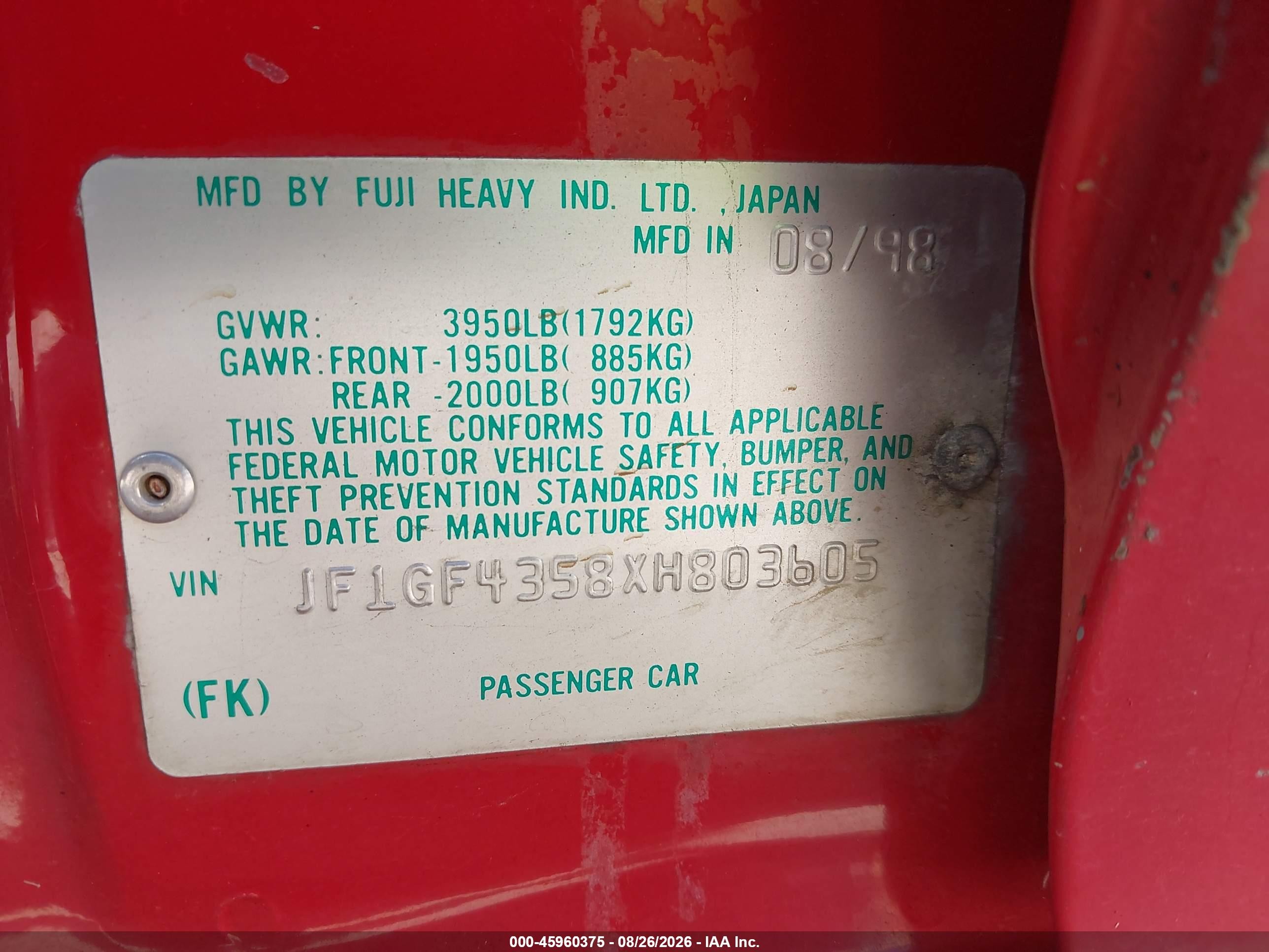 1999 Subaru Impreza L Red vin: JF1GF4358XH803605