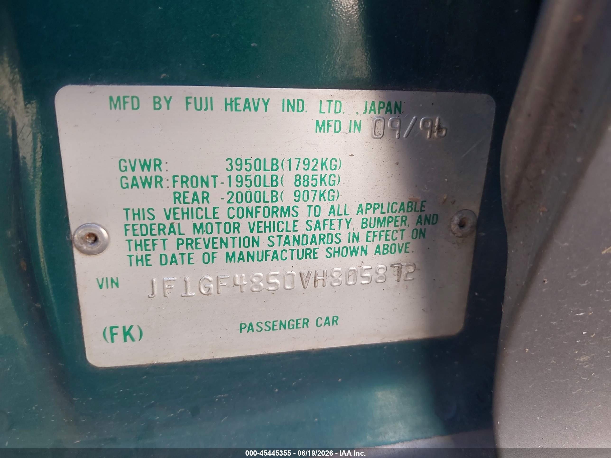 1997 Subaru Impreza Outback Sport Green vin: JF1GF4850VH805872