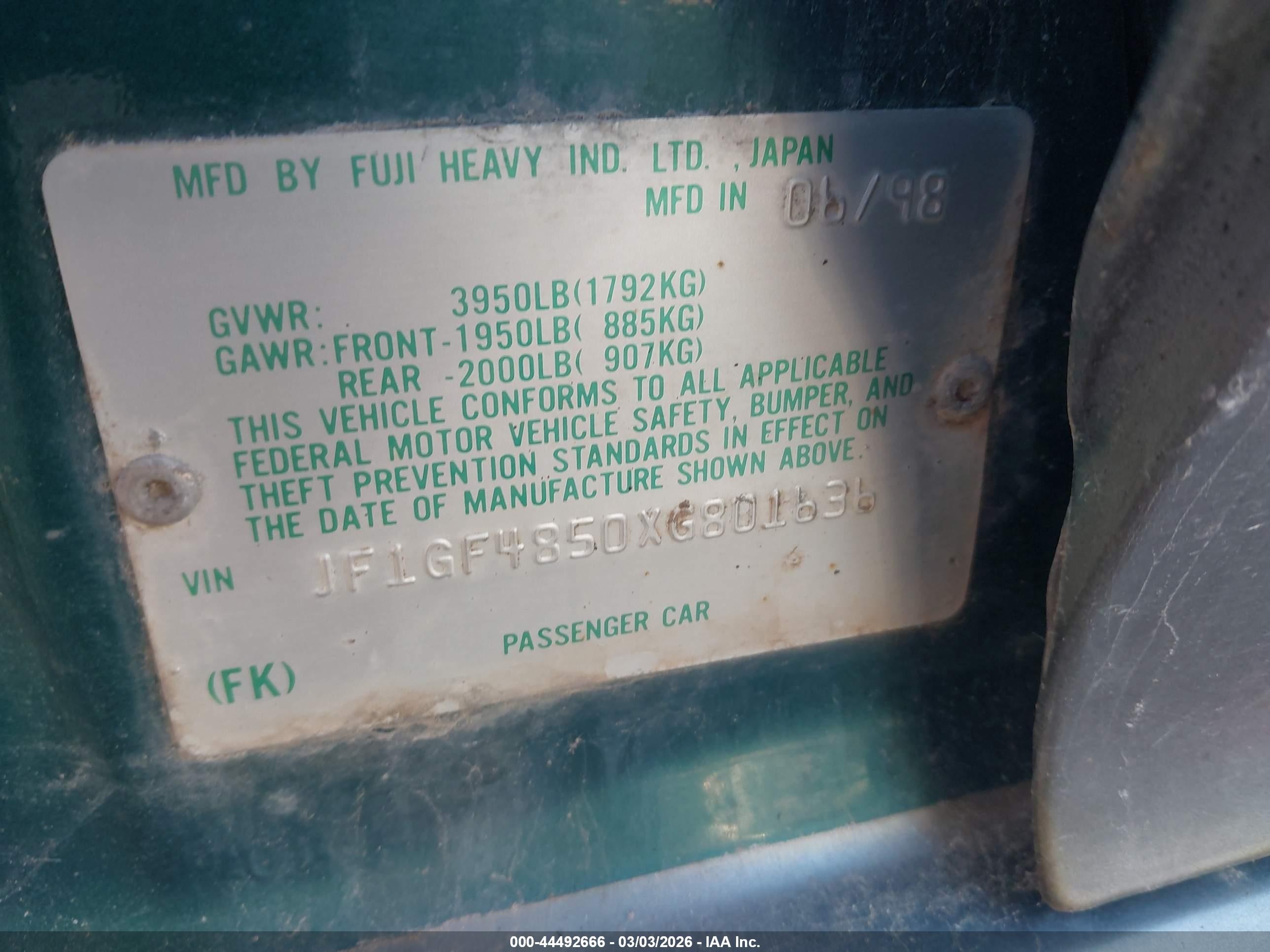 1999 Subaru Impreza Outback Sport Green vin: JF1GF4850XG801636