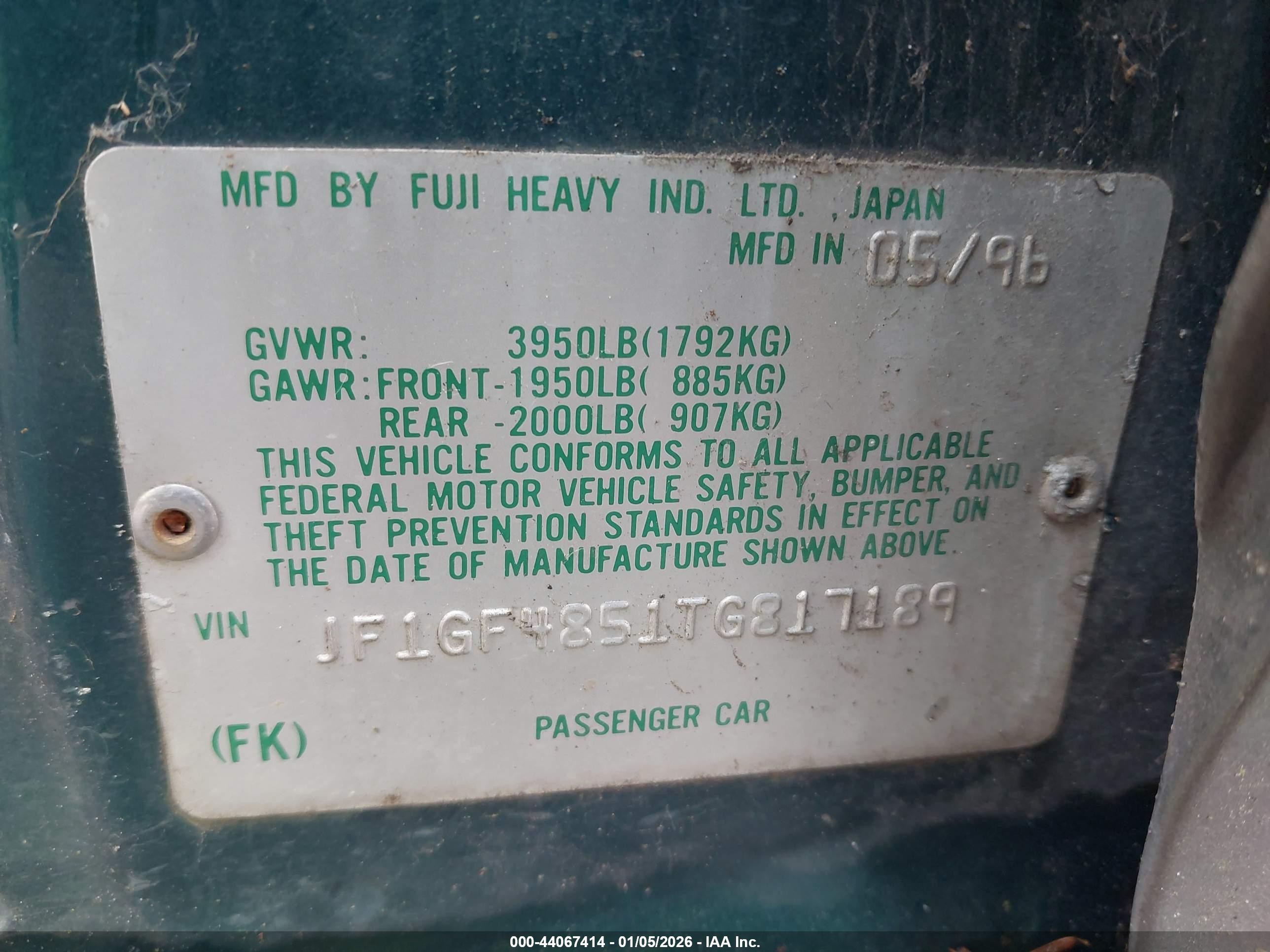 1996 Subaru Impreza Outback Green vin: JF1GF4851TG817189