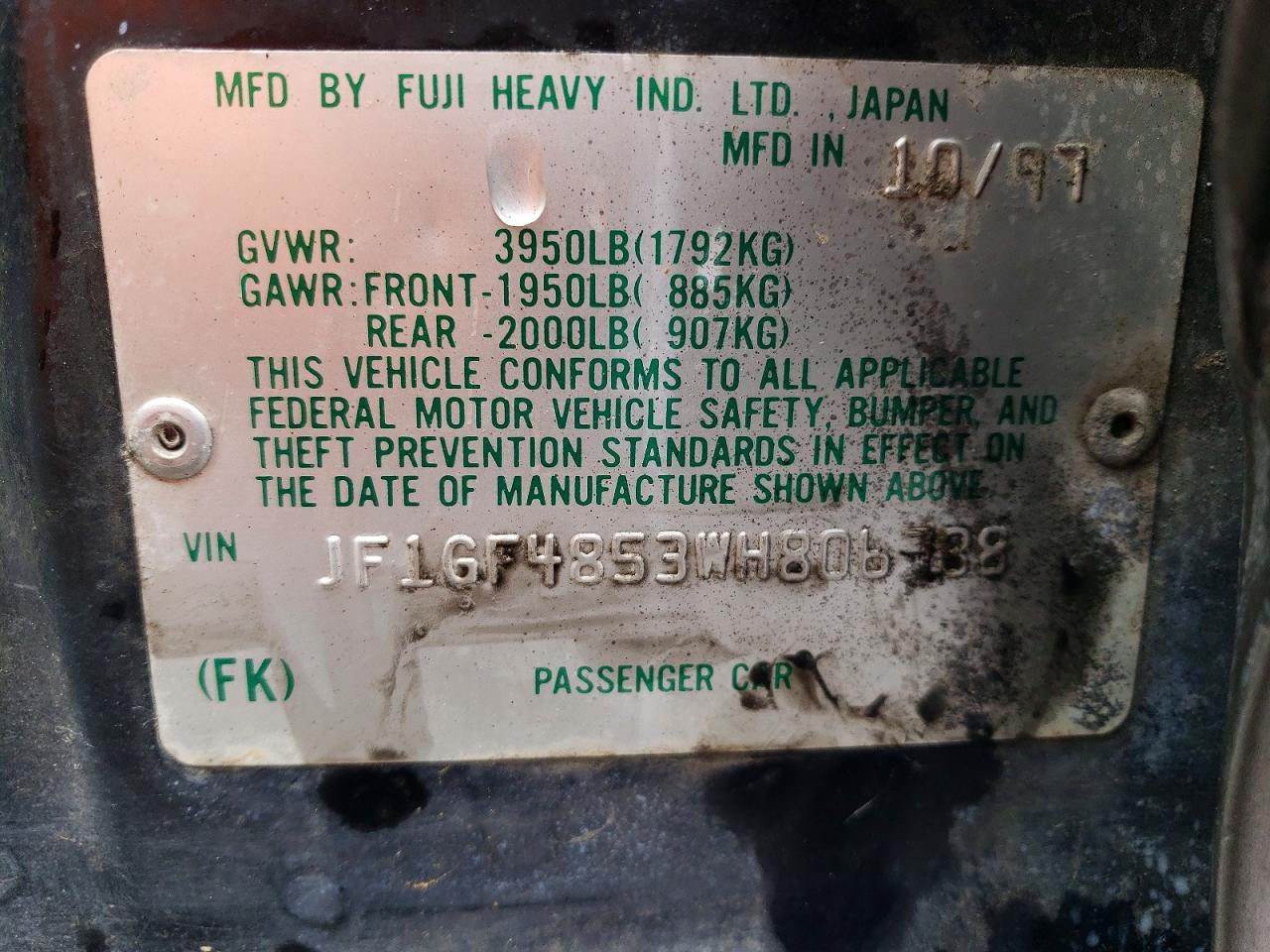 1998 Subaru Impreza Outback Черный vin: JF1GF4853WH806788
