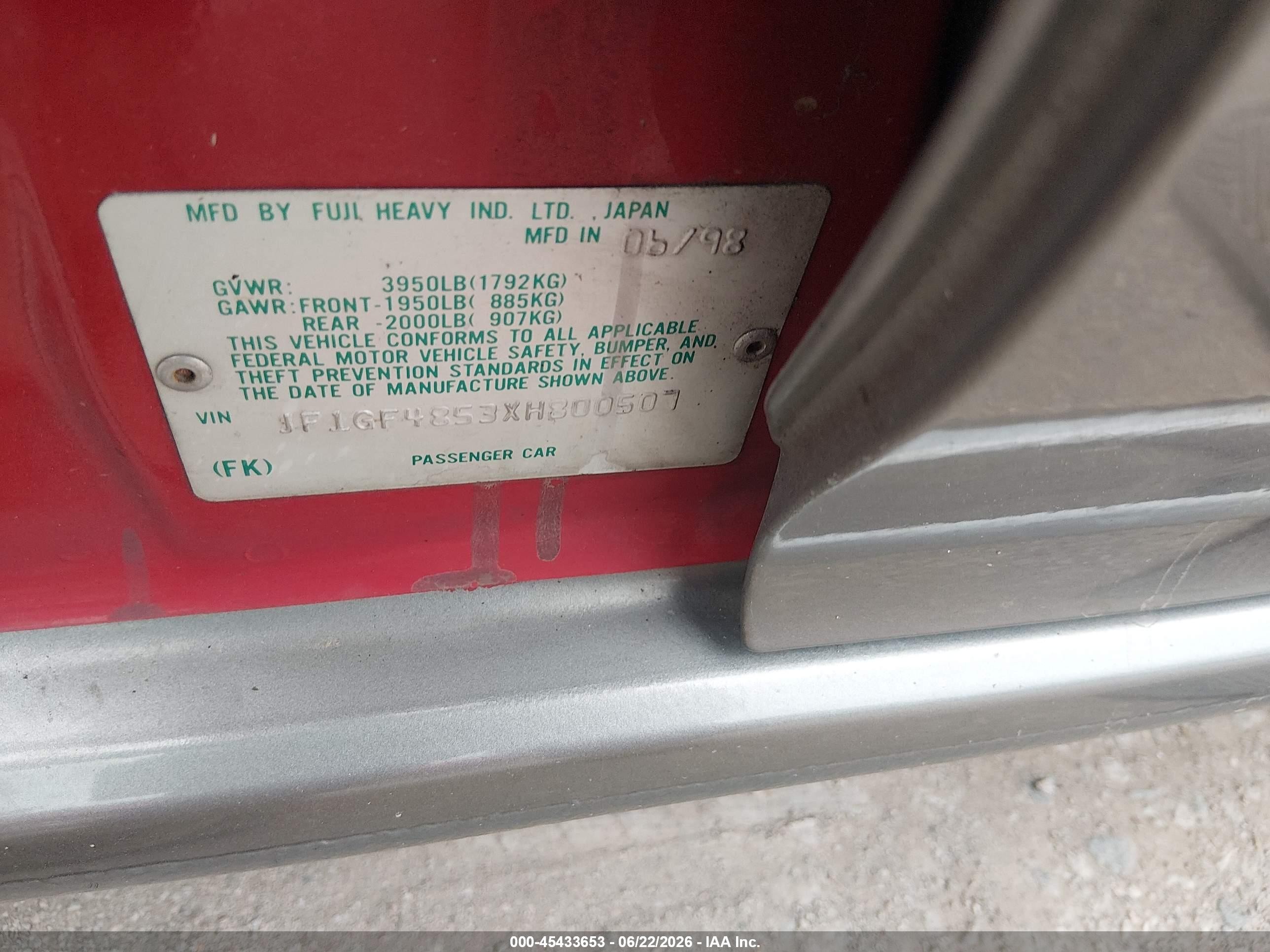 1999 Subaru Impreza Outback Sport Red vin: JF1GF4853XH800507