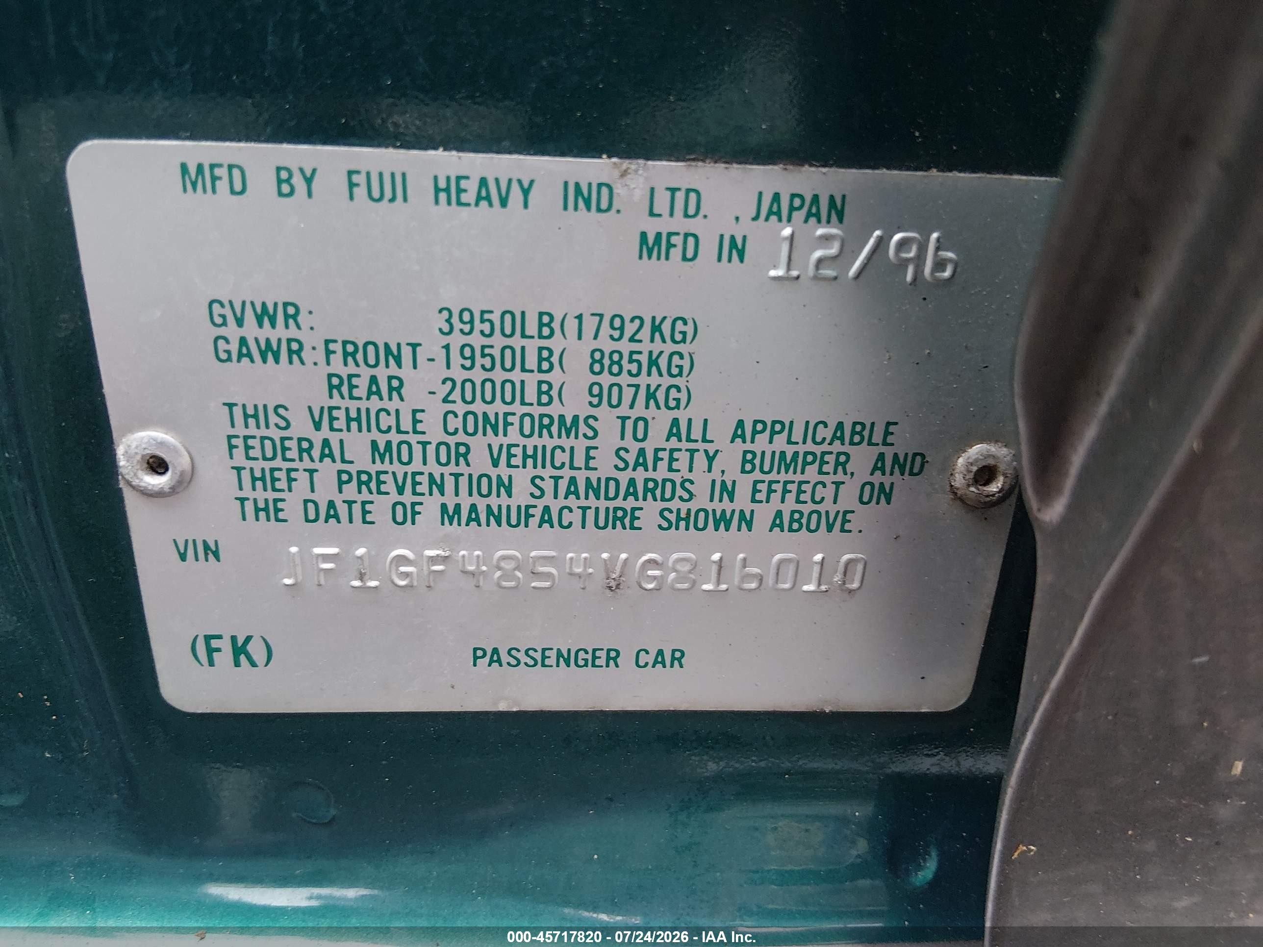1997 Subaru Impreza Outback Sport Green vin: JF1GF4854VG816010