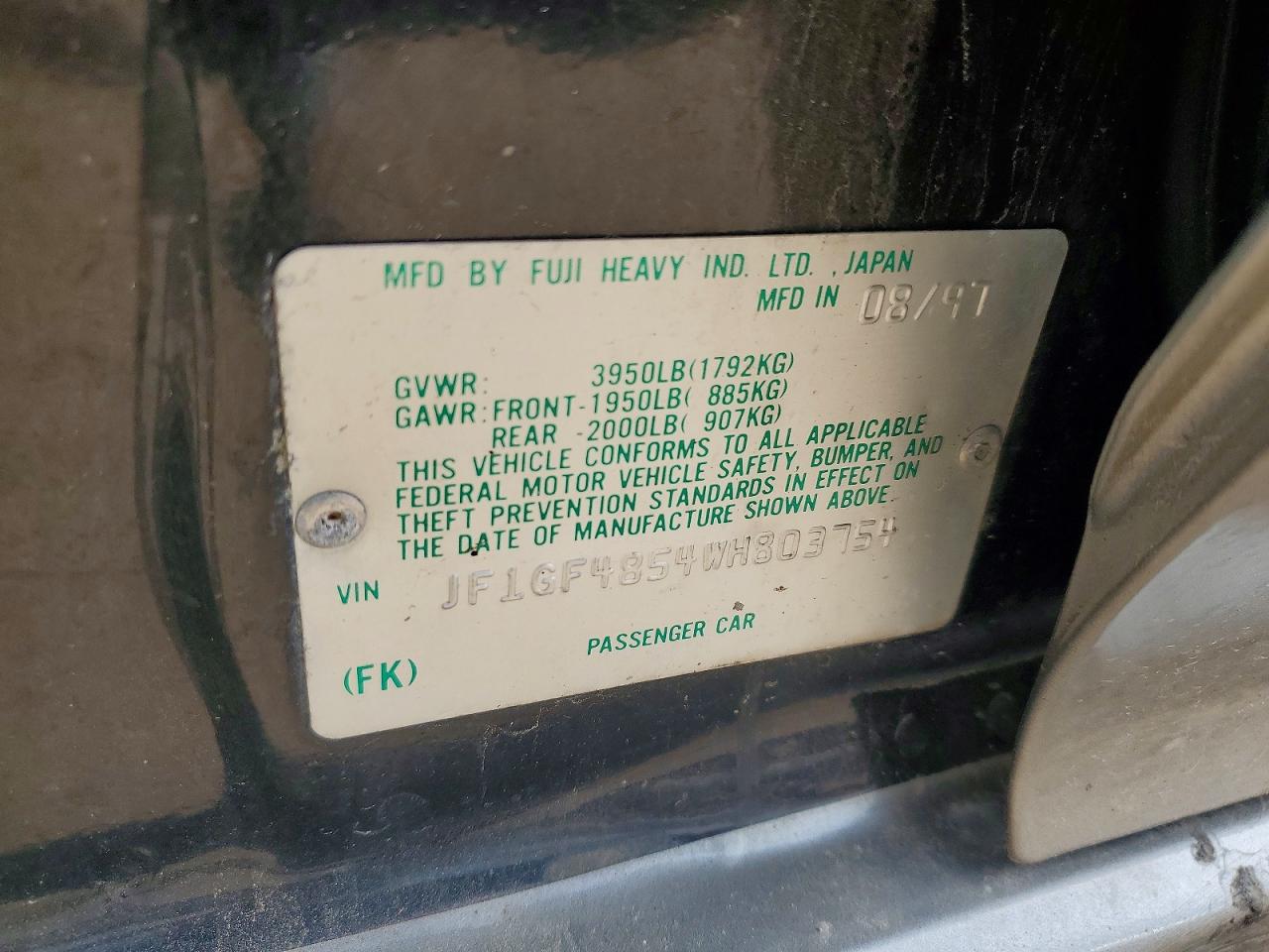 1998 Subaru Impreza Outback Black vin: JF1GF4854WH803754