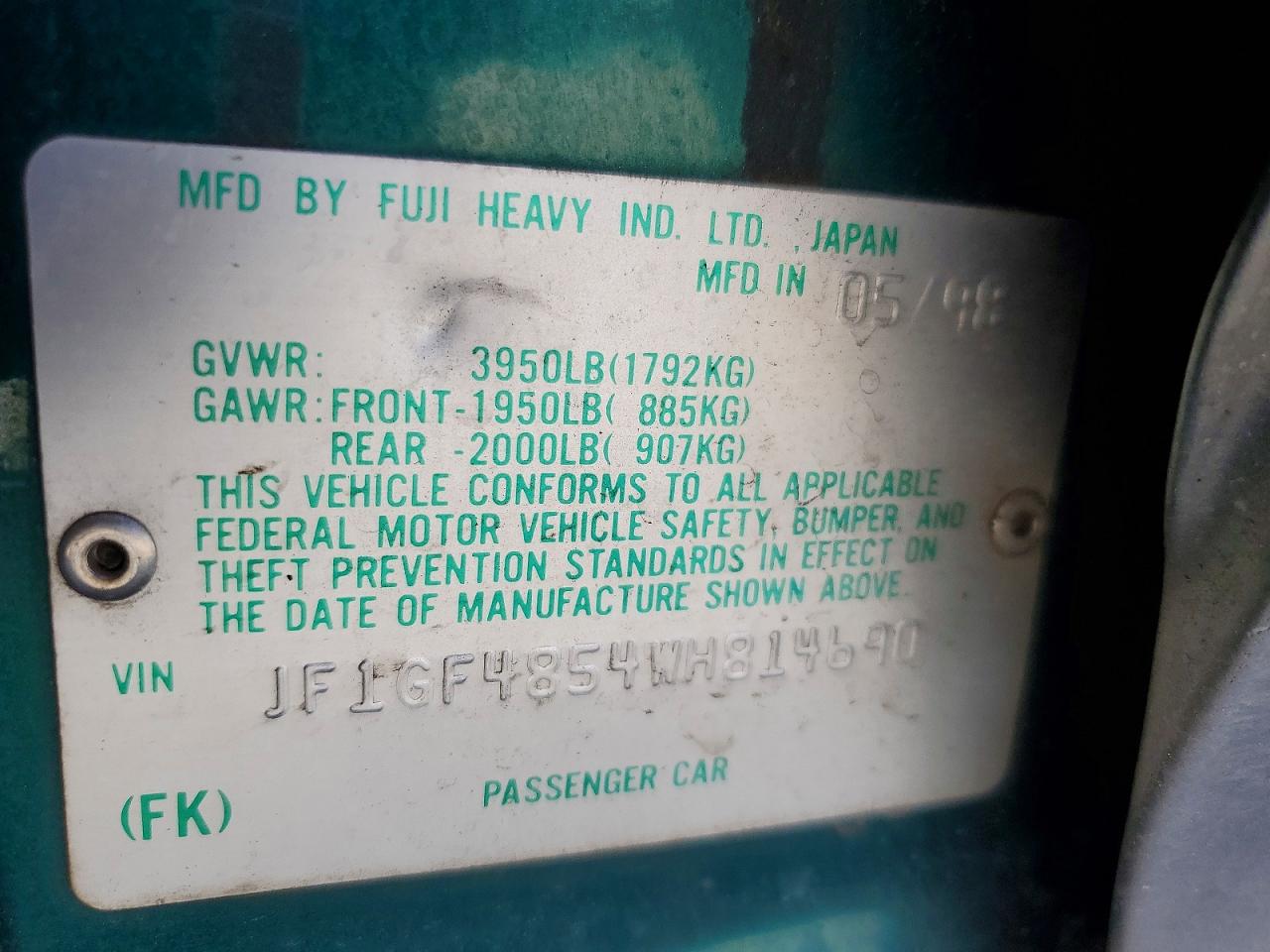 1998 Subaru Impreza Outback Green vin: JF1GF4854WH814690