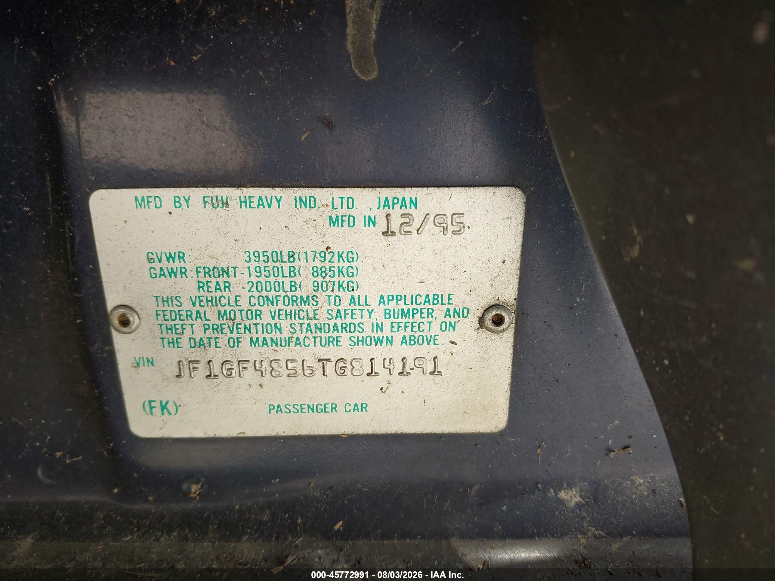 1996 Subaru Impreza Outback Blue vin: JF1GF4856TG814191