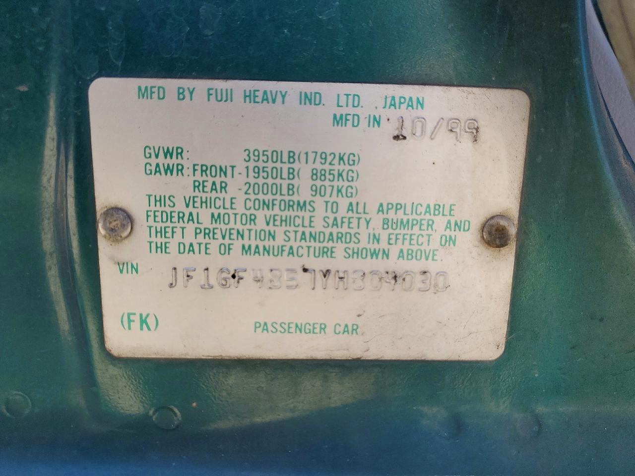 2000 Subaru Impreza Outback Sport Green vin: JF1GF4857YH804030