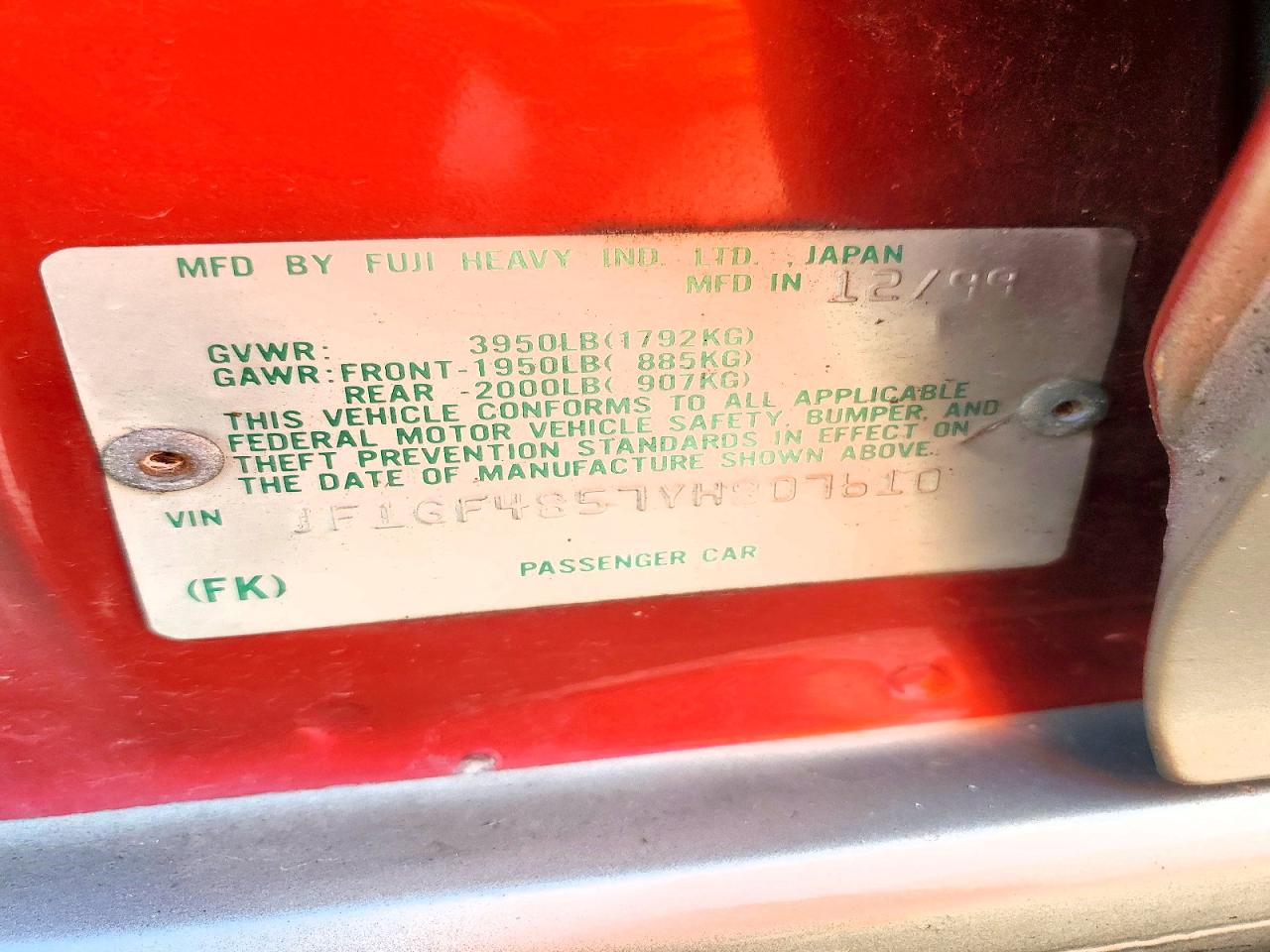 2000 Subaru Impreza Outback Sport Red vin: JF1GF4857YH807610