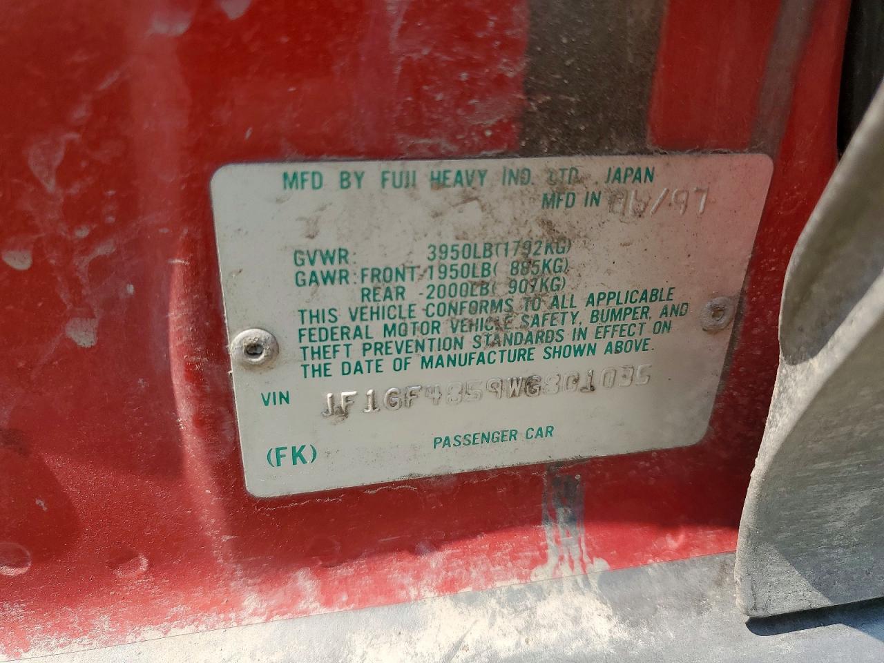 1998 Subaru Impreza Outback Red vin: JF1GF4859WG801035