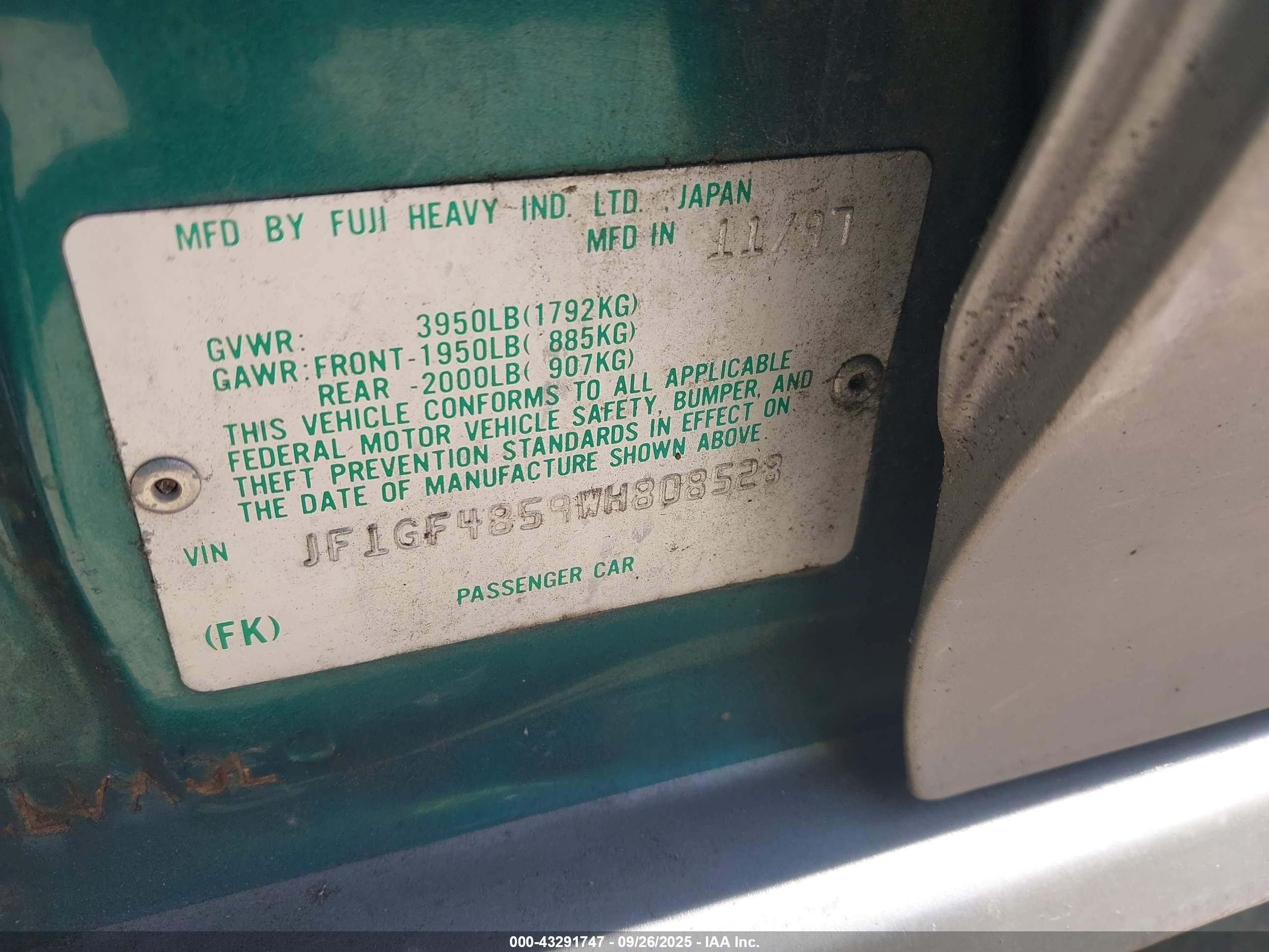 1998 Subaru Impreza Outback Sport Green vin: JF1GF4859WH808528