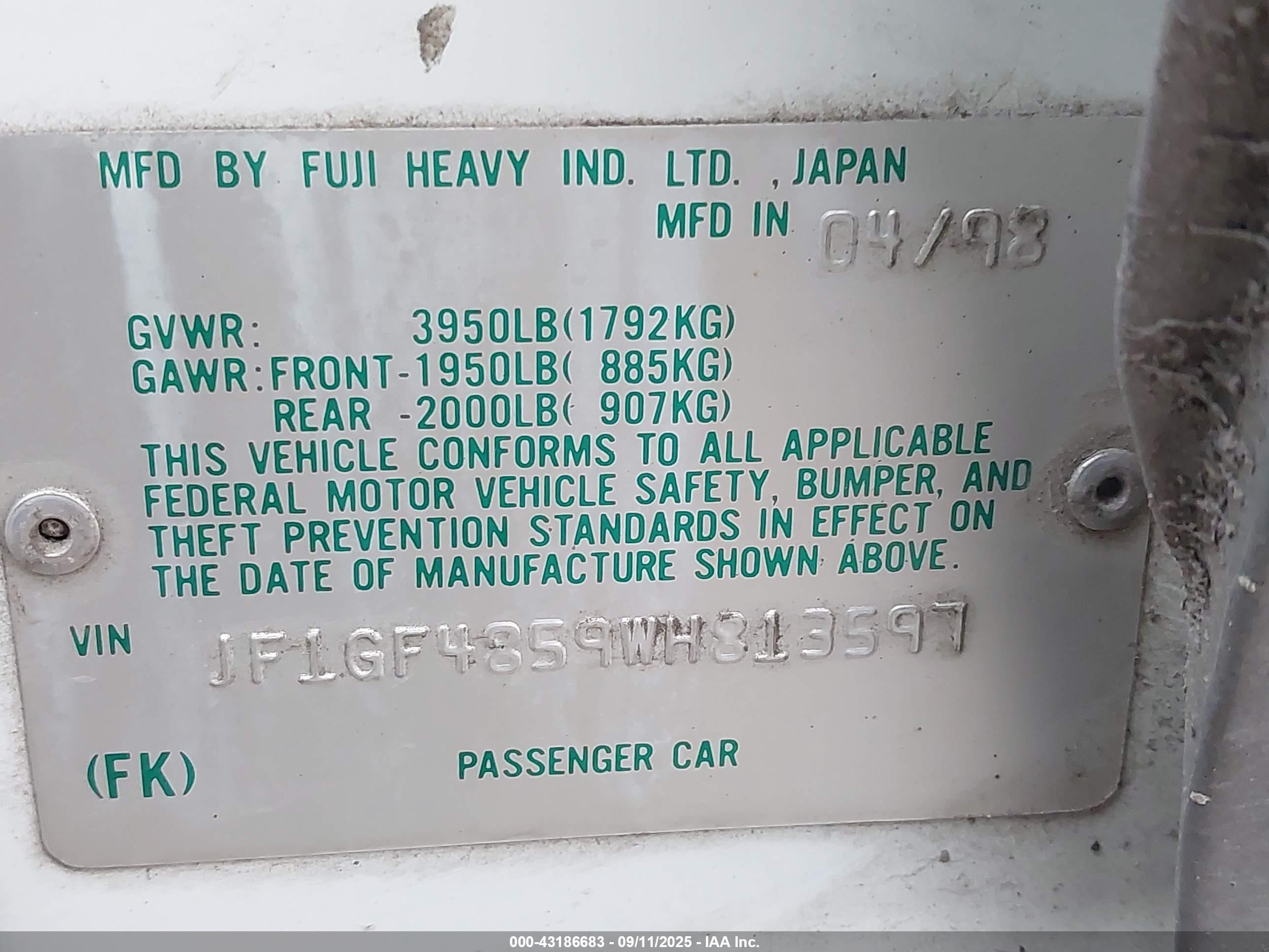 1998 Subaru Impreza Outback Sport White vin: JF1GF4859WH813597