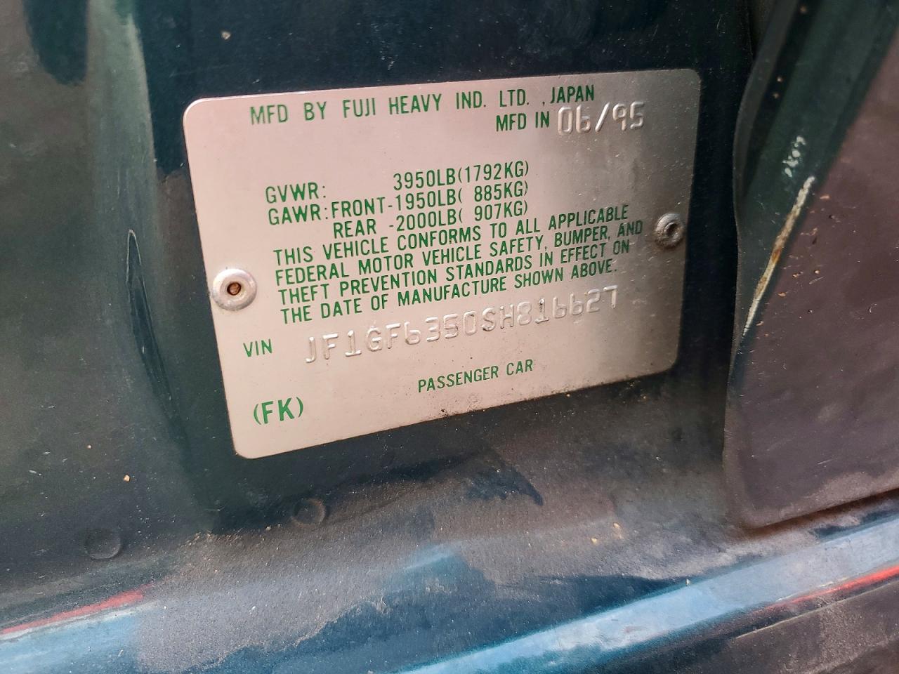 1995 Subaru Impreza L Green vin: JF1GF6350SH816627