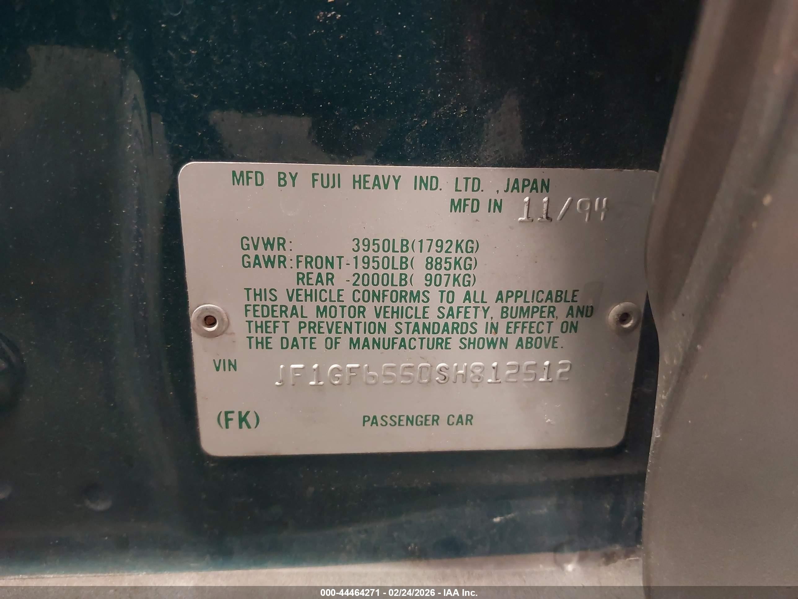 1995 Subaru Impreza Lx Green vin: JF1GF6550SH812512