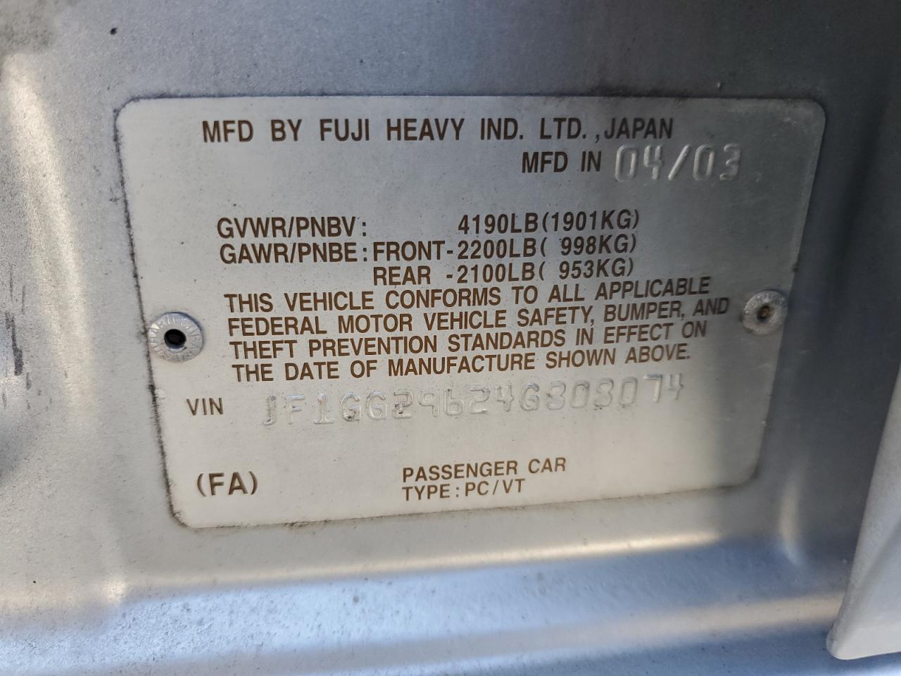 2004 Subaru Impreza Wrx Silver vin: JF1GG29624G808074