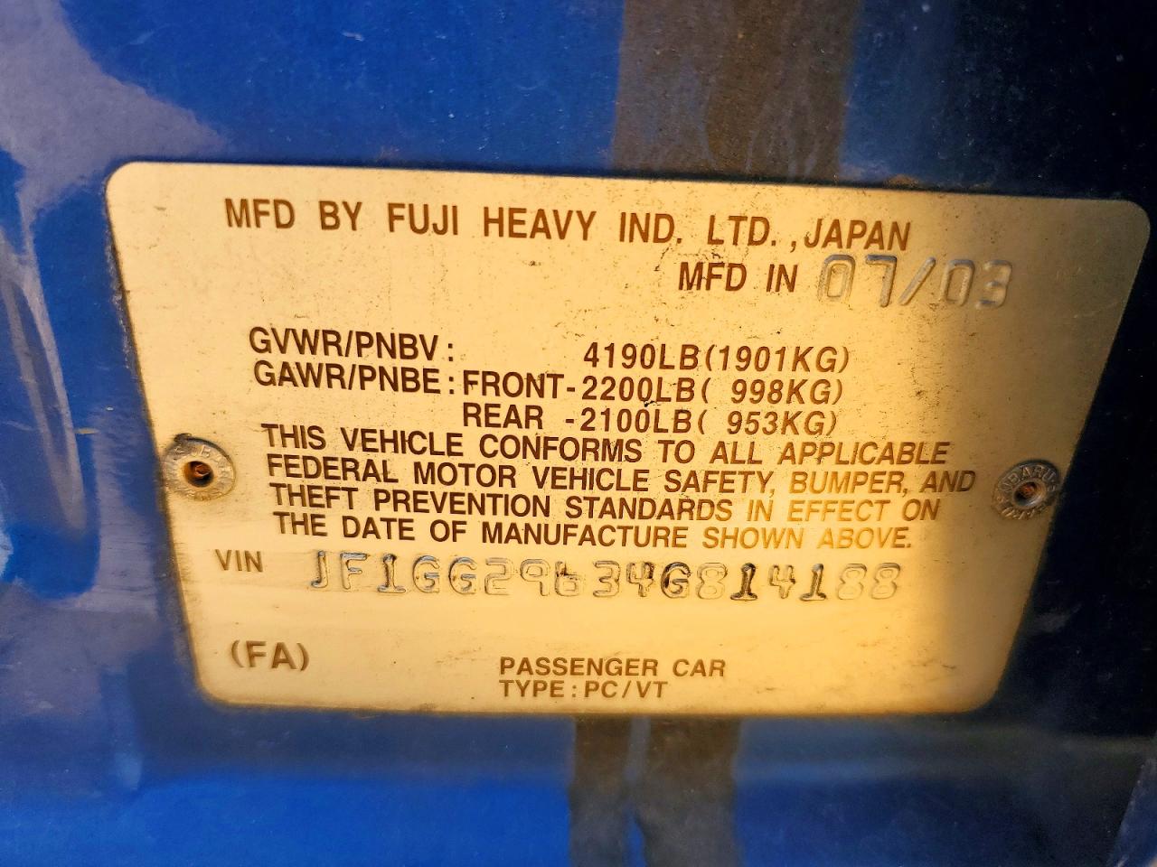 2004 Subaru Impreza Wrx Blue vin: JF1GG29634G814188