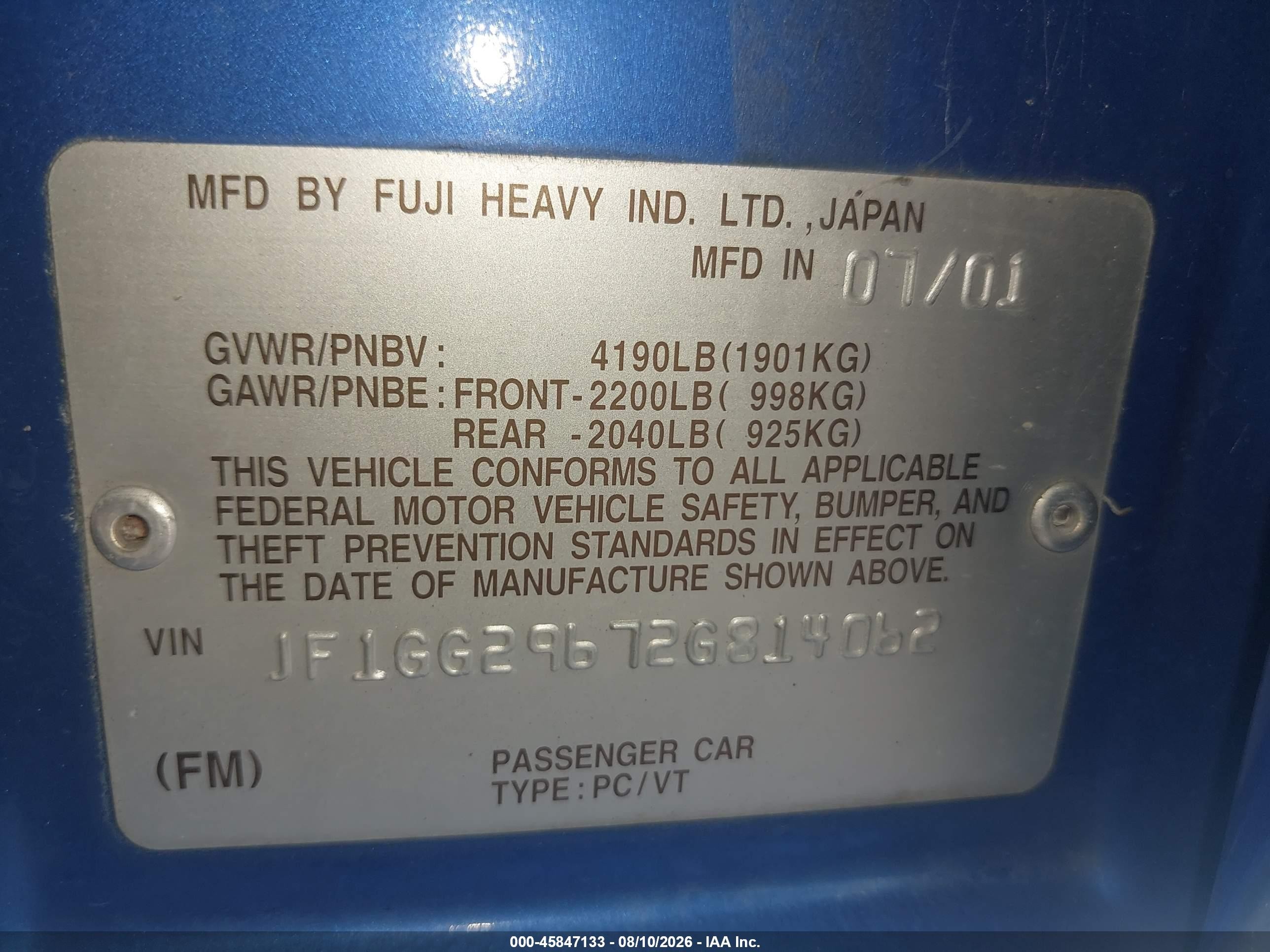 2002 Subaru Impreza Wrx Blue vin: JF1GG29672G814062