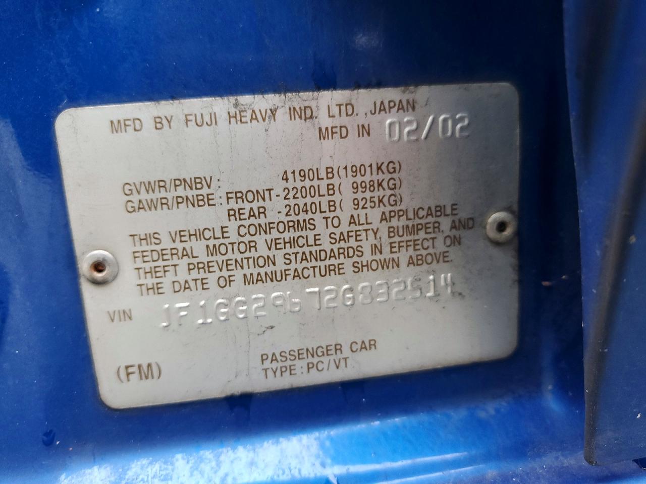 2002 Subaru Impreza Wrx Blue vin: JF1GG29672G832514