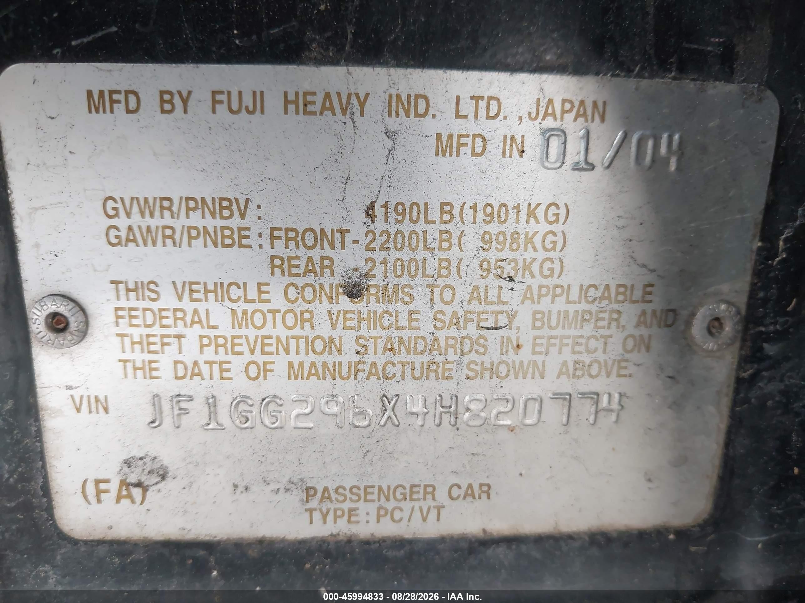 2004 Subaru Impreza Wrx Black vin: JF1GG296X4H820774