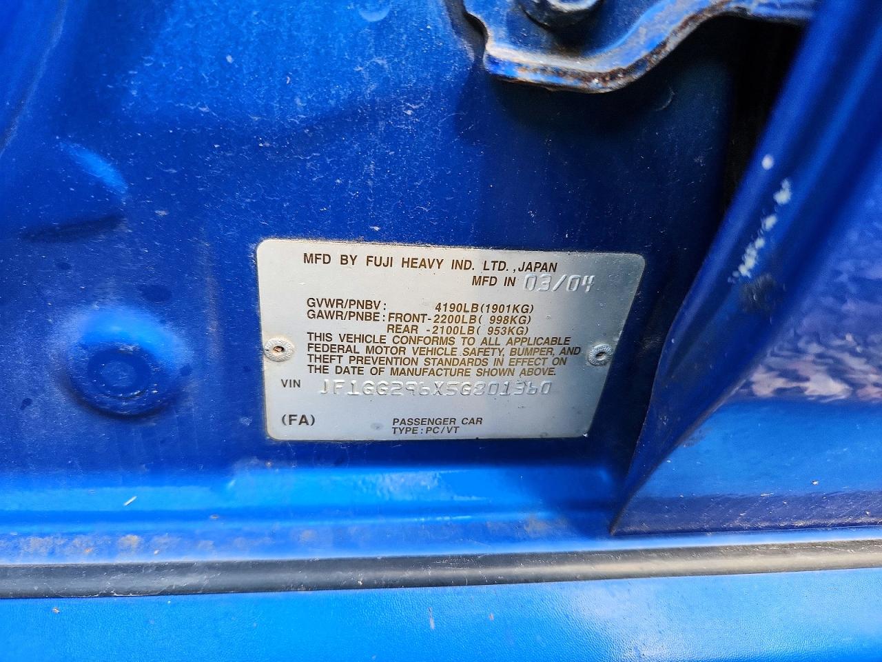 2005 Subaru Impreza Wrx Blue vin: JF1GG296X5G801360