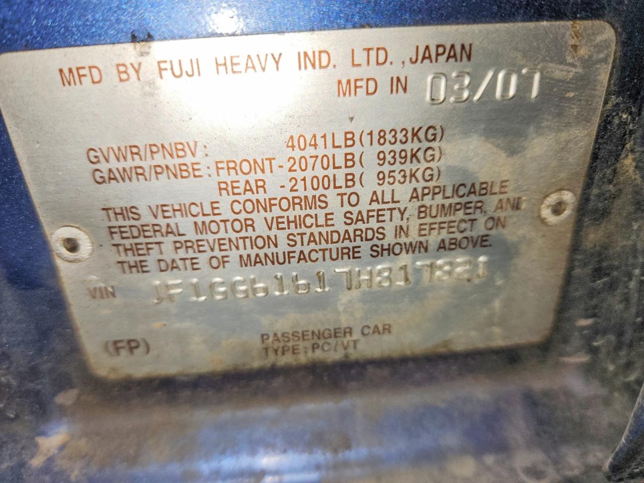 2007 Subaru Impreza 2.5i Blue vin: JF1GG61617H817821