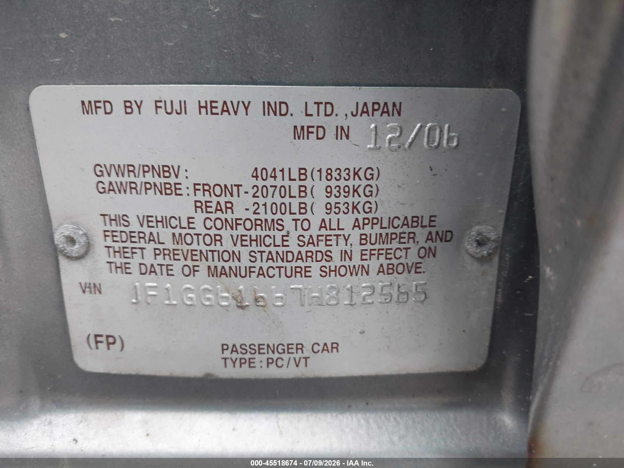 2007 Subaru Impreza 2.5i Gray vin: JF1GG61667H812565
