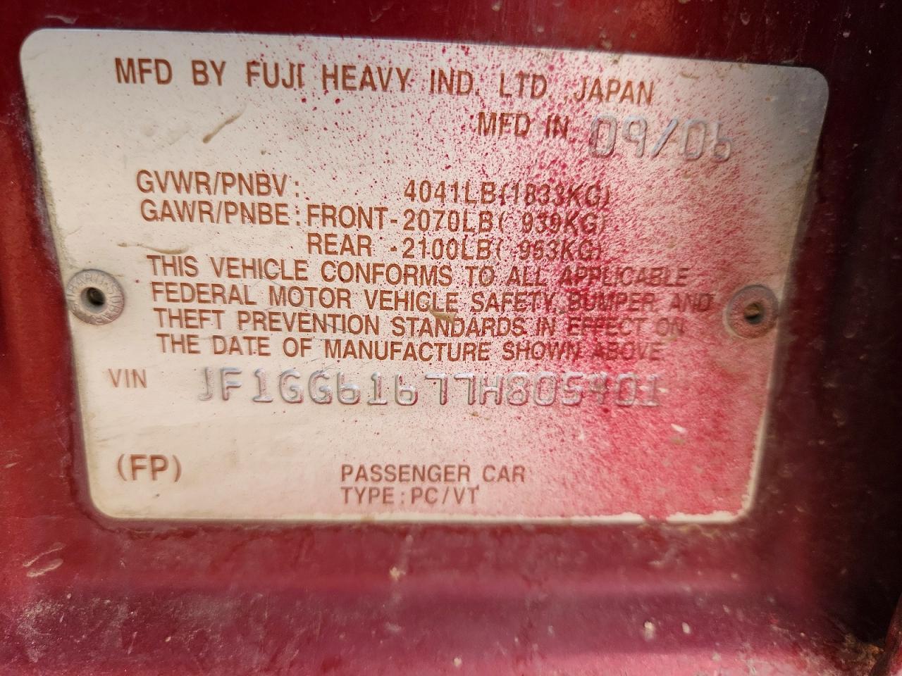 2007 Subaru Impreza 2.5i Red vin: JF1GG61677H805401