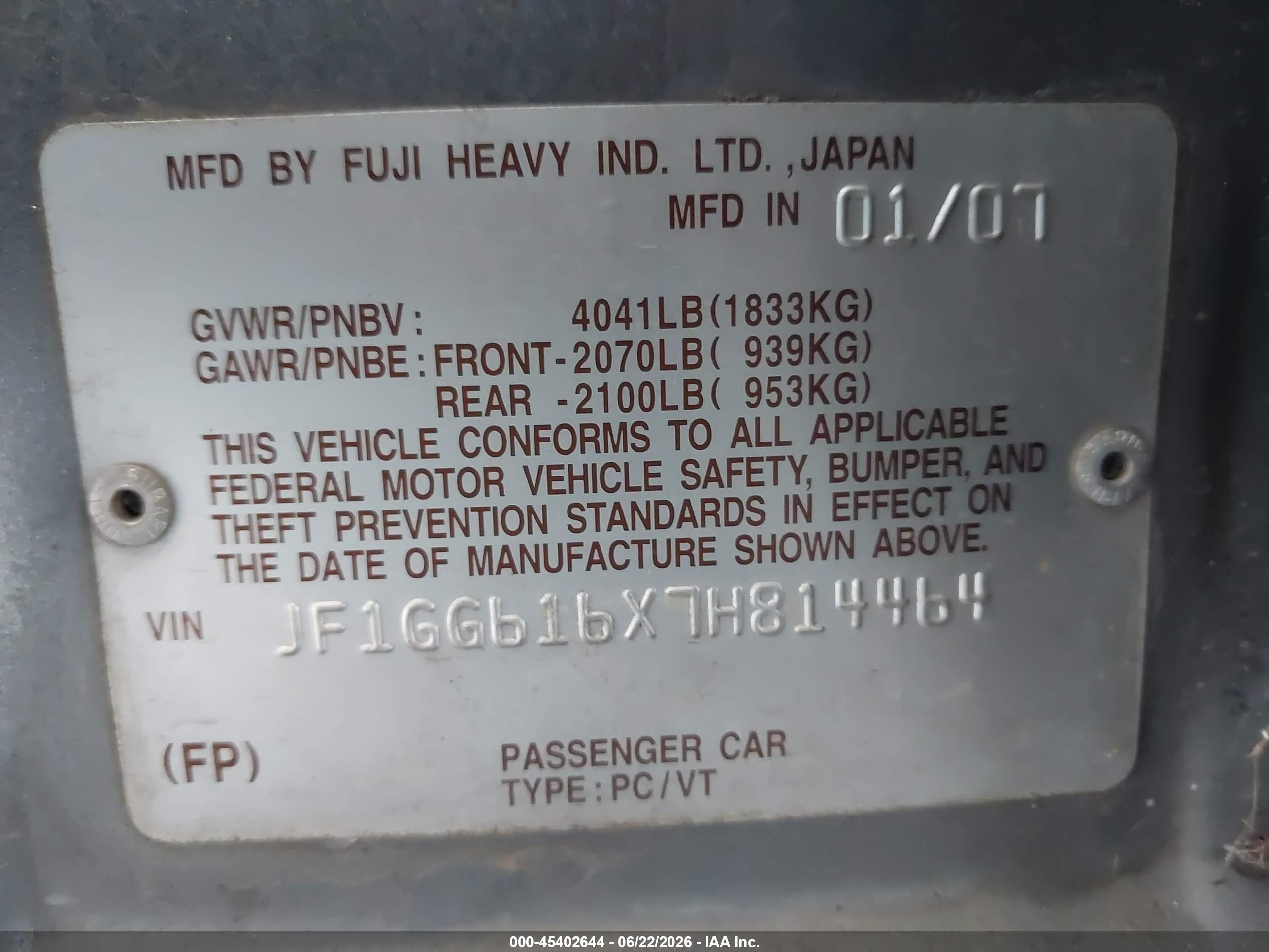 2007 Subaru Impreza 2.5i Silver vin: JF1GG616X7H814464