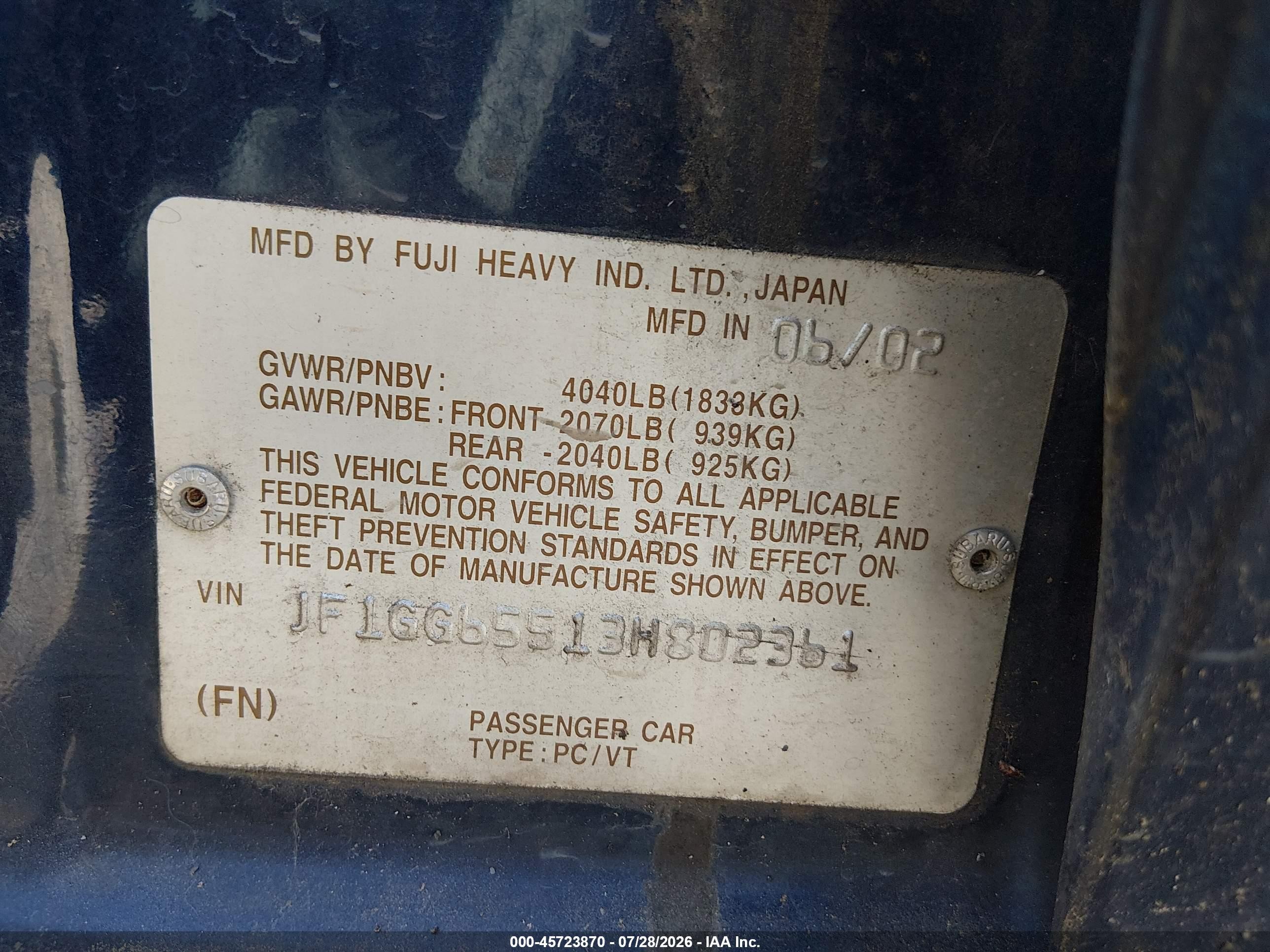2003 Subaru Impreza 2.5ts Синий vin: JF1GG65513H802361