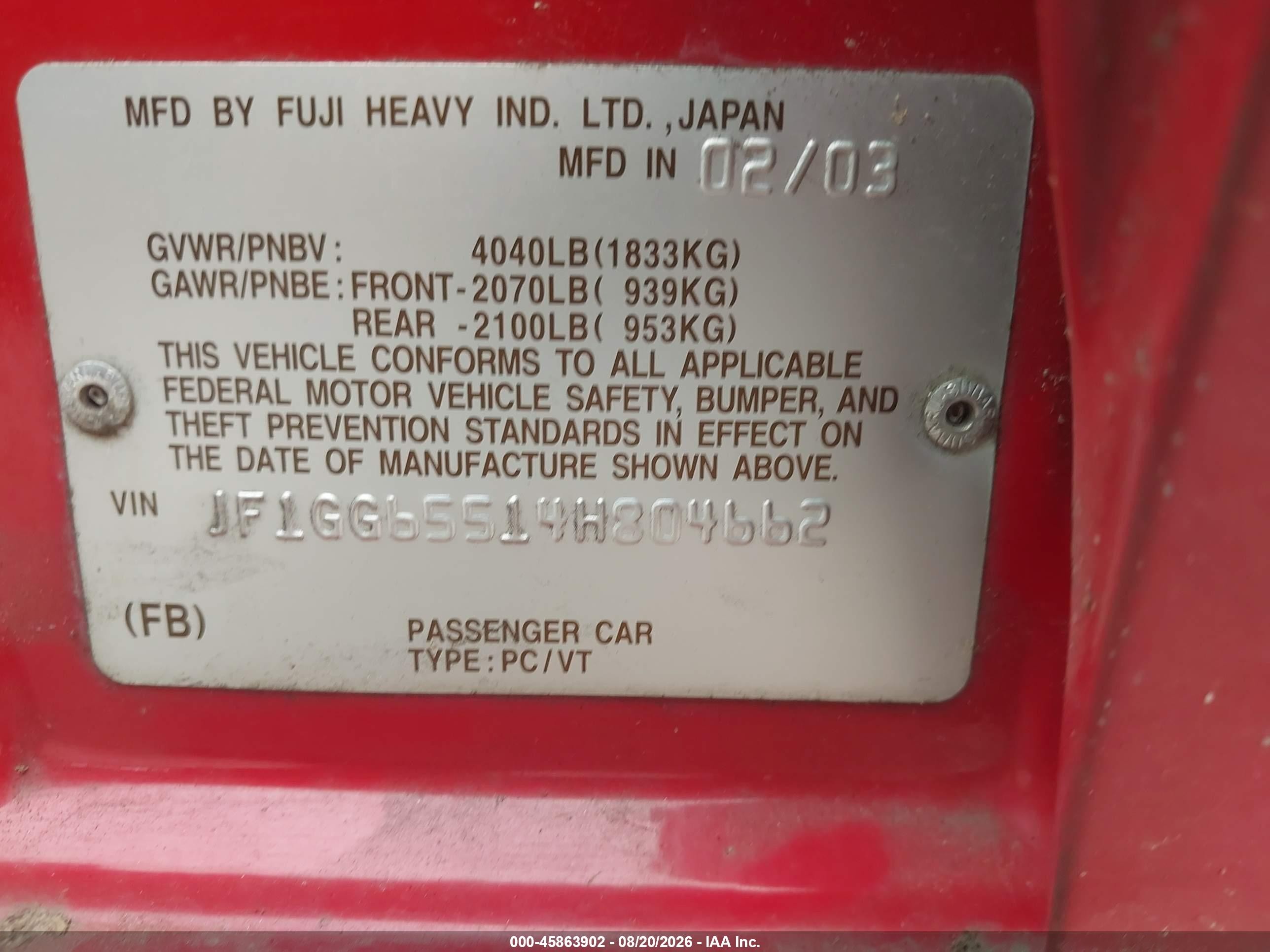 2004 Subaru Impreza 2.5ts Red vin: JF1GG65514H804662