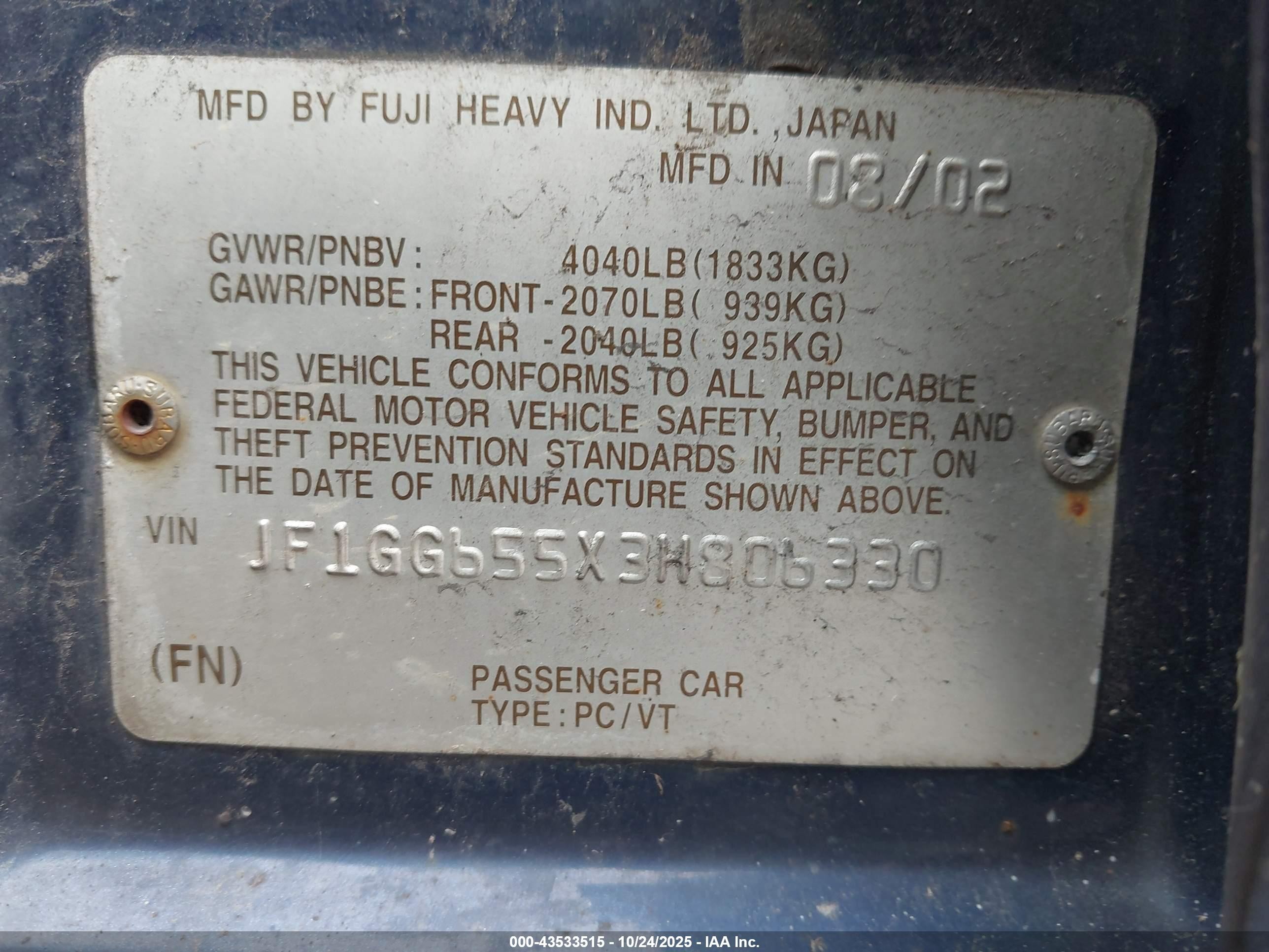 2003 Subaru Impreza 2.5ts Blue vin: JF1GG655X3H806330
