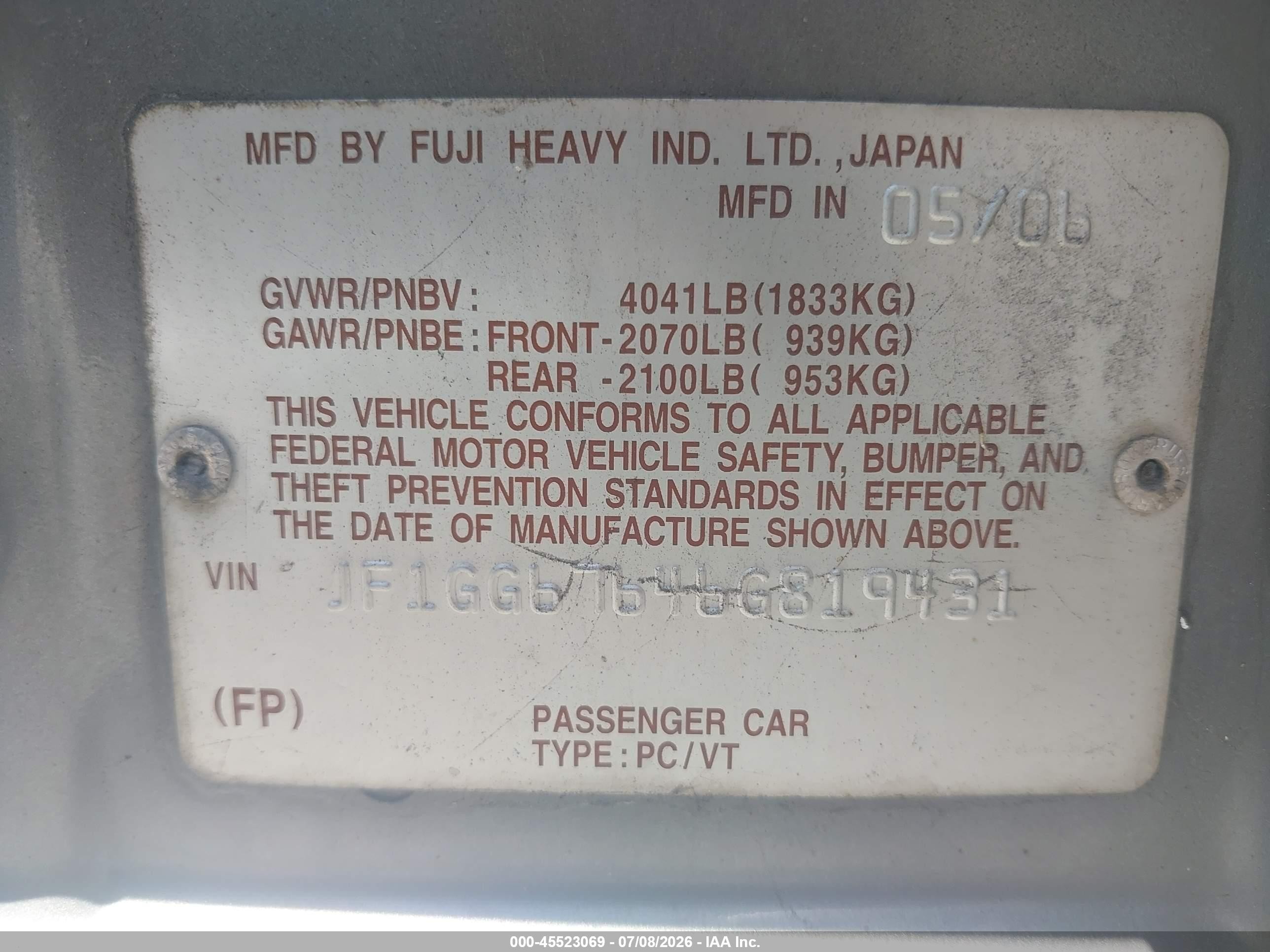 2006 Subaru Impreza 2.5i Gold vin: JF1GG67646G819431