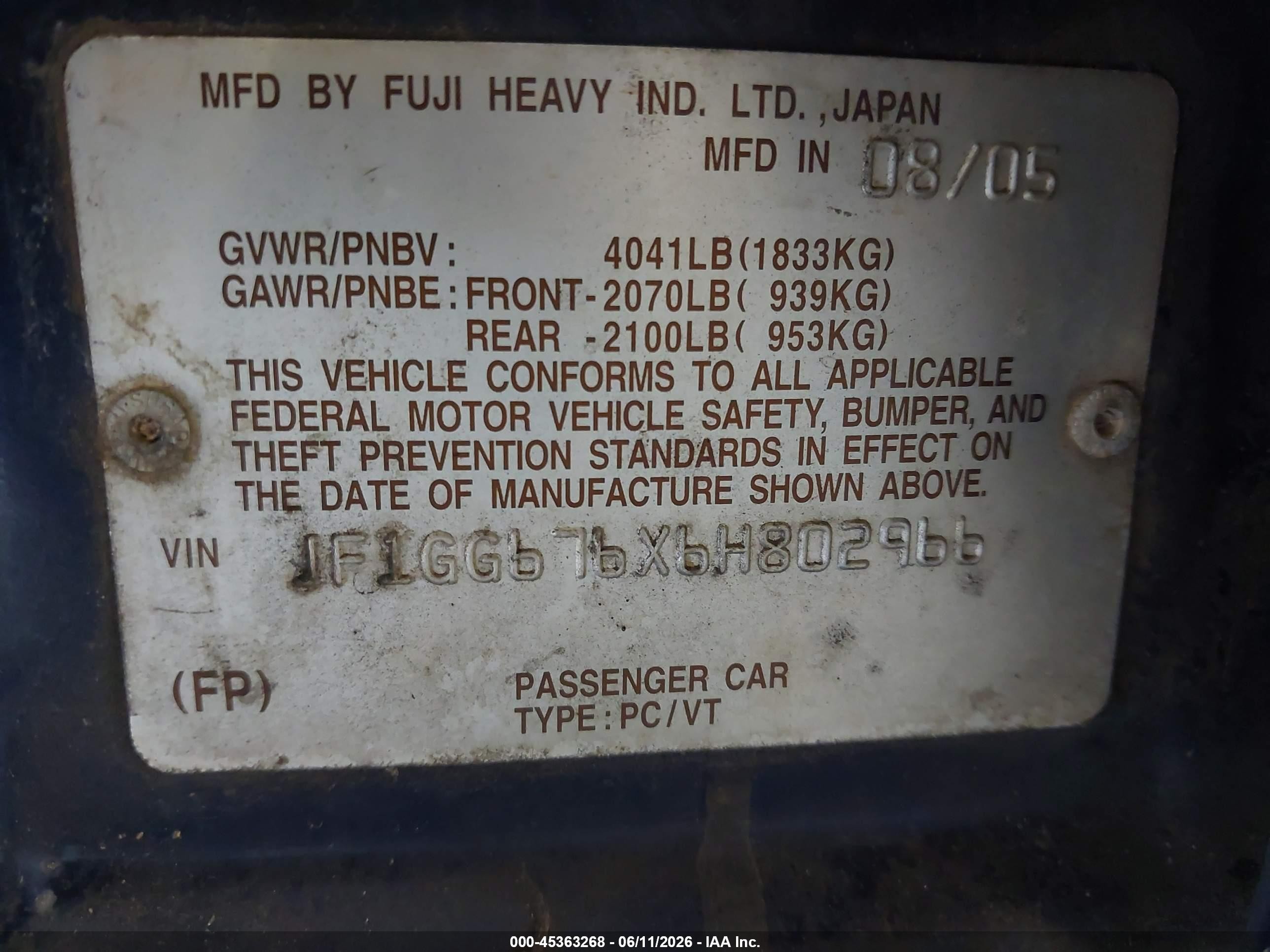 2006 Subaru Impreza 2.5i Синий vin: JF1GG676X6H802966
