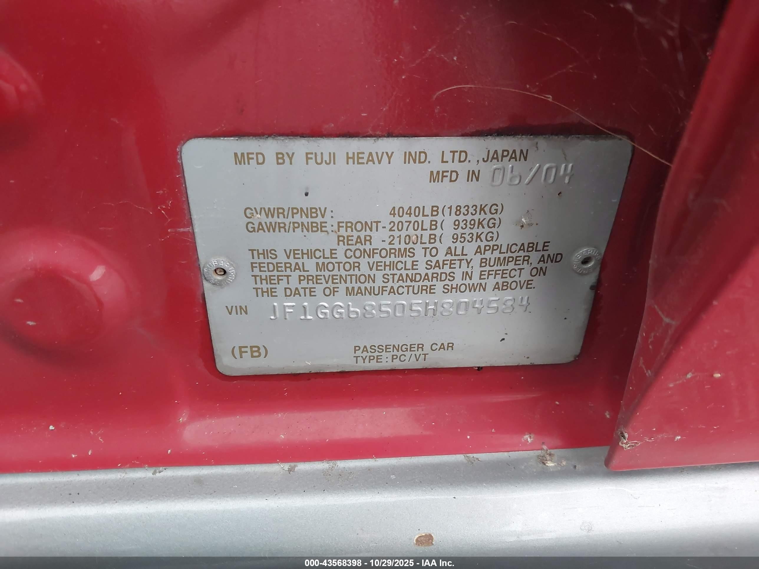 2005 Subaru Impreza Outback Sport Base W/special Edition Red vin: JF1GG68505H804584