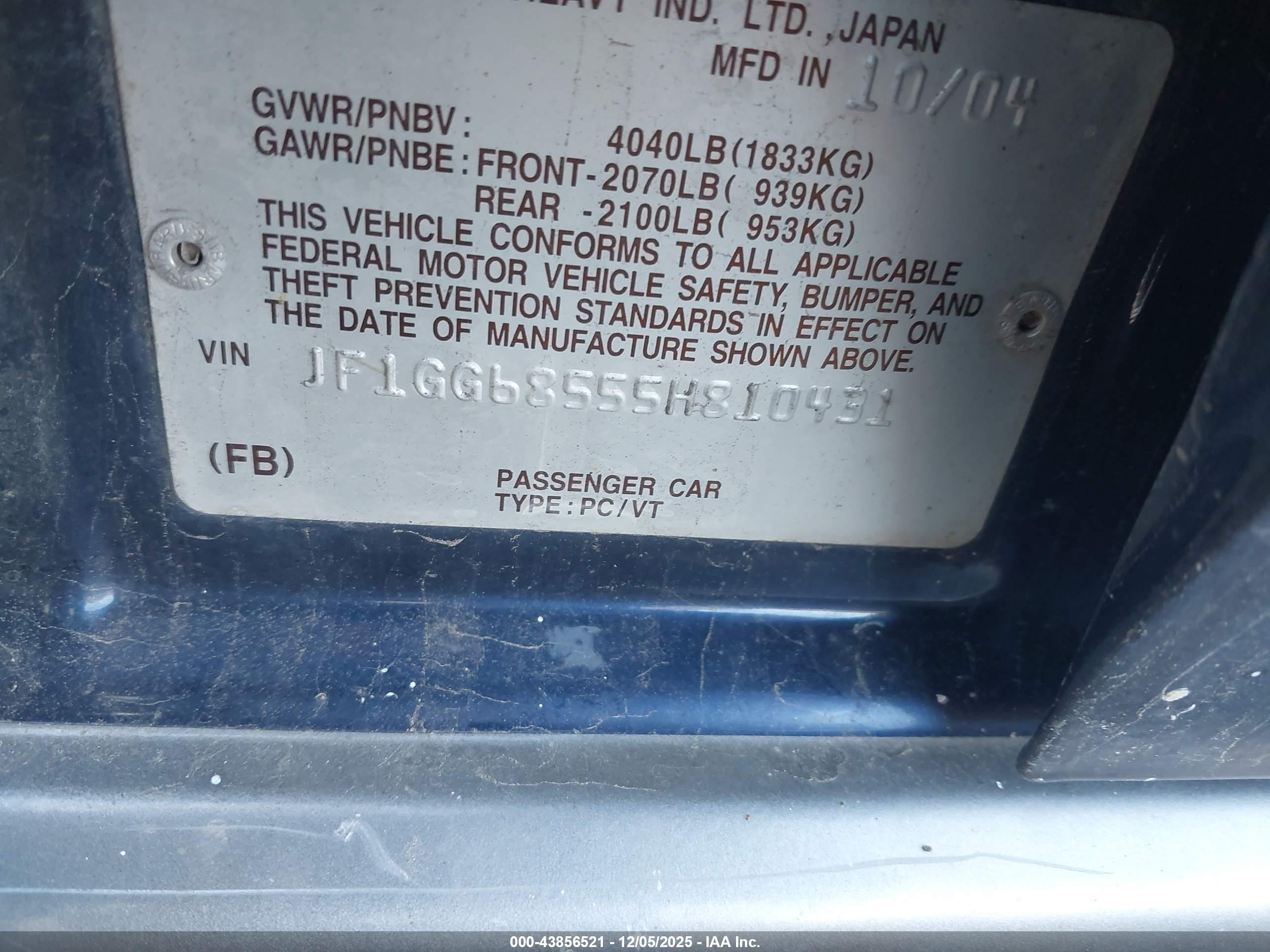 2005 Subaru Impreza Outback Sport Base W/special Edition Blue vin: JF1GG68555H810431