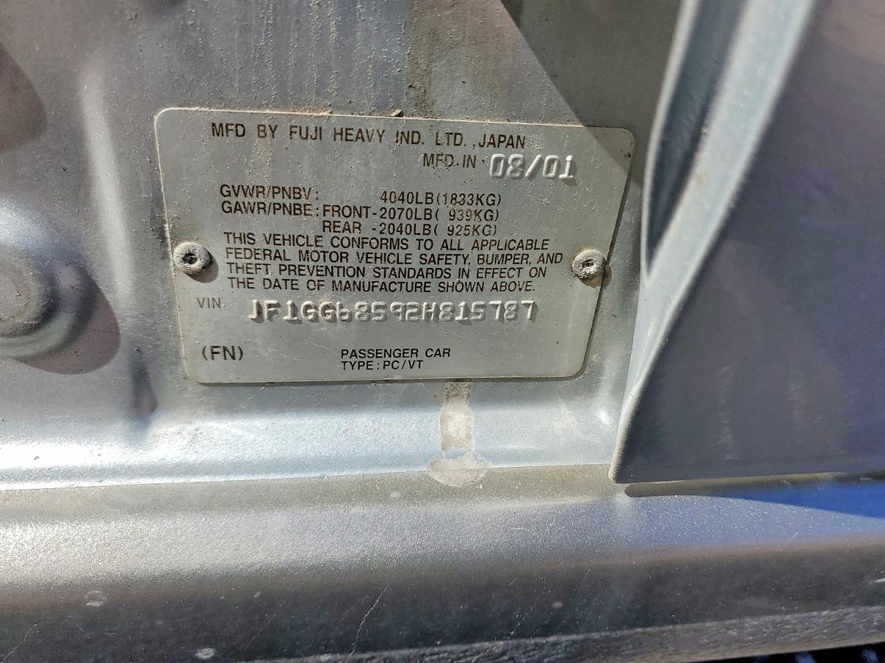 2002 Subaru Impreza Outback Sport Silver vin: JF1GG68592H815787