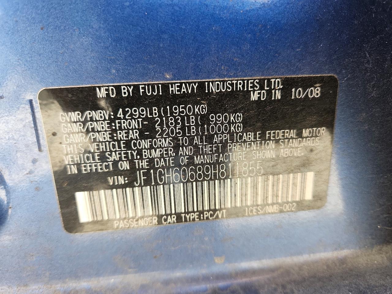 2009 Subaru Impreza 2.5i Premium Blue vin: JF1GH60689H811855