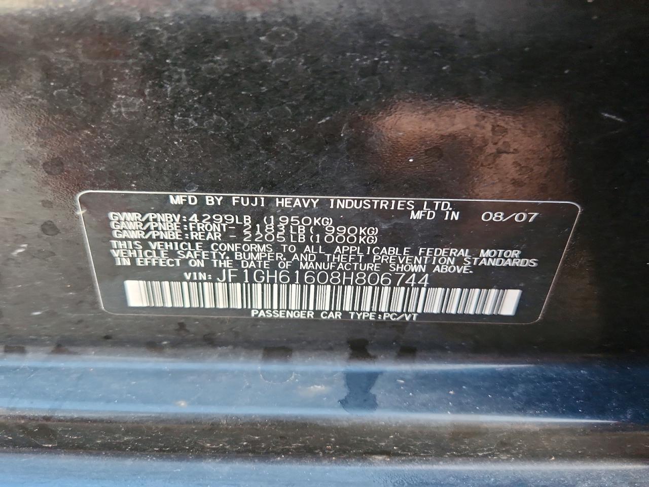 2008 Subaru Impreza 2.5i Black vin: JF1GH61608H806744