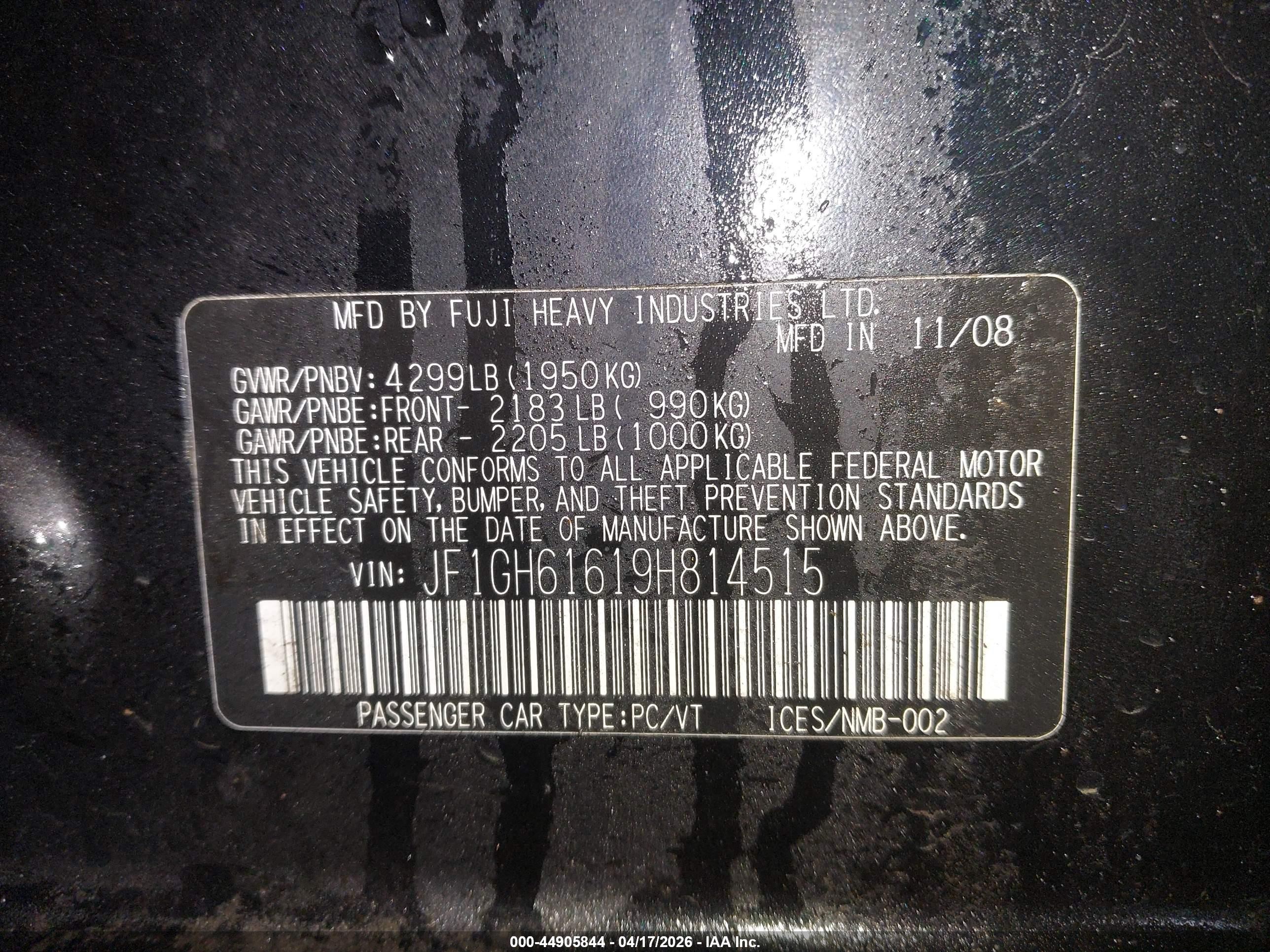 2009 Subaru Impreza 2.5i Black vin: JF1GH61619H814515