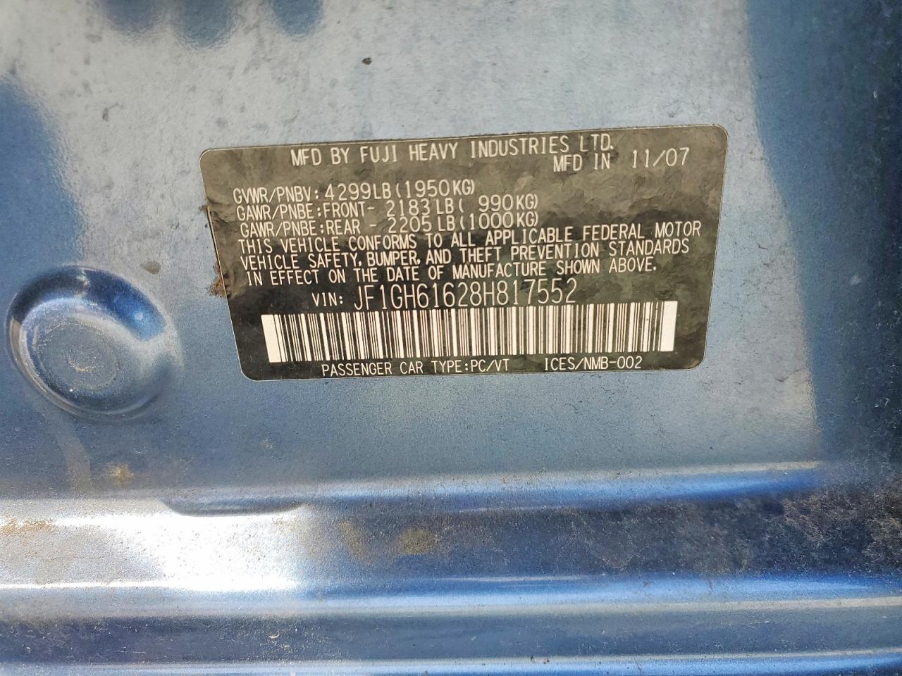 2008 Subaru Impreza 2.5i Blue vin: JF1GH61628H817552
