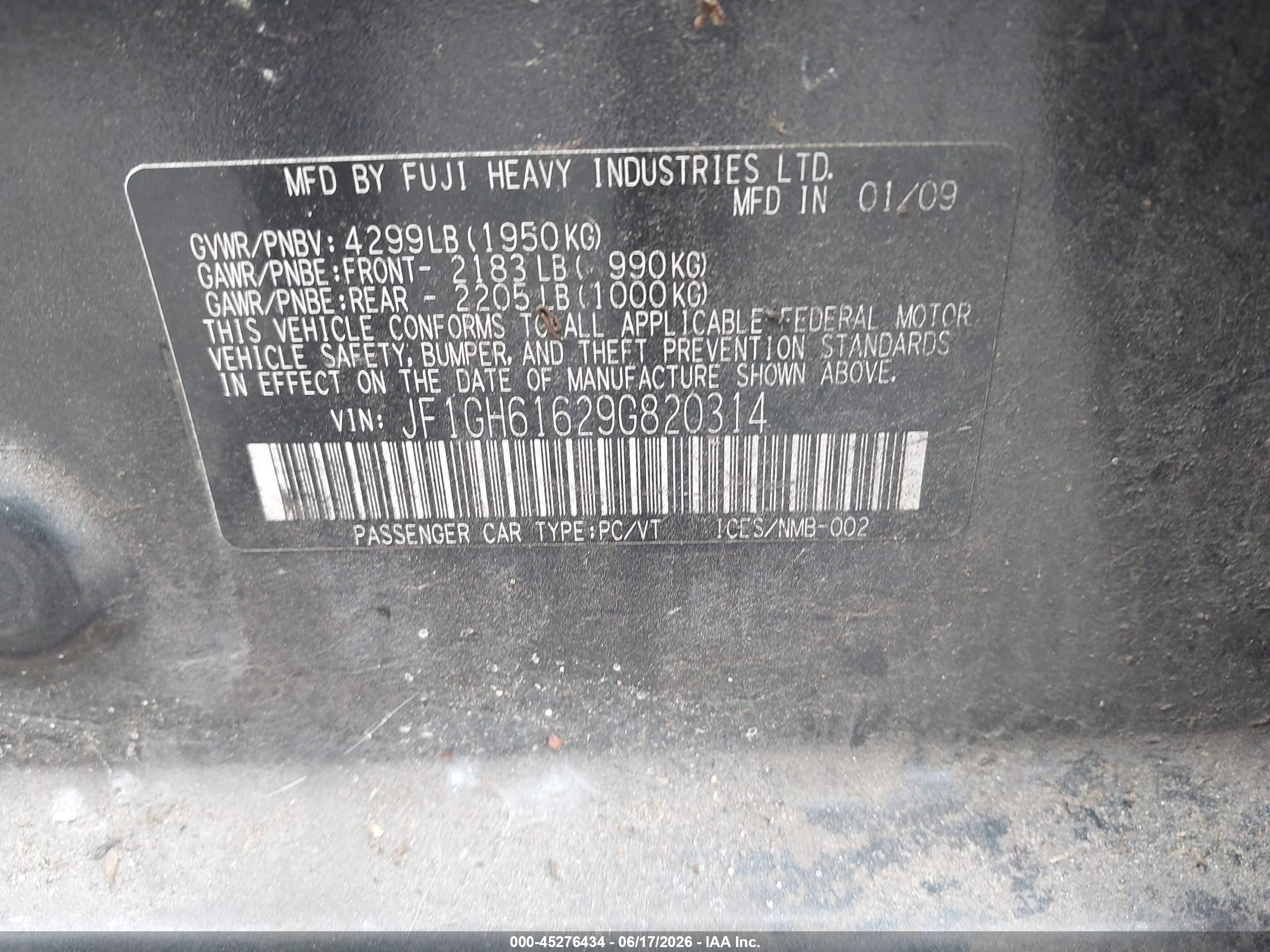 2009 Subaru Impreza 2.5i Black vin: JF1GH61629G820314