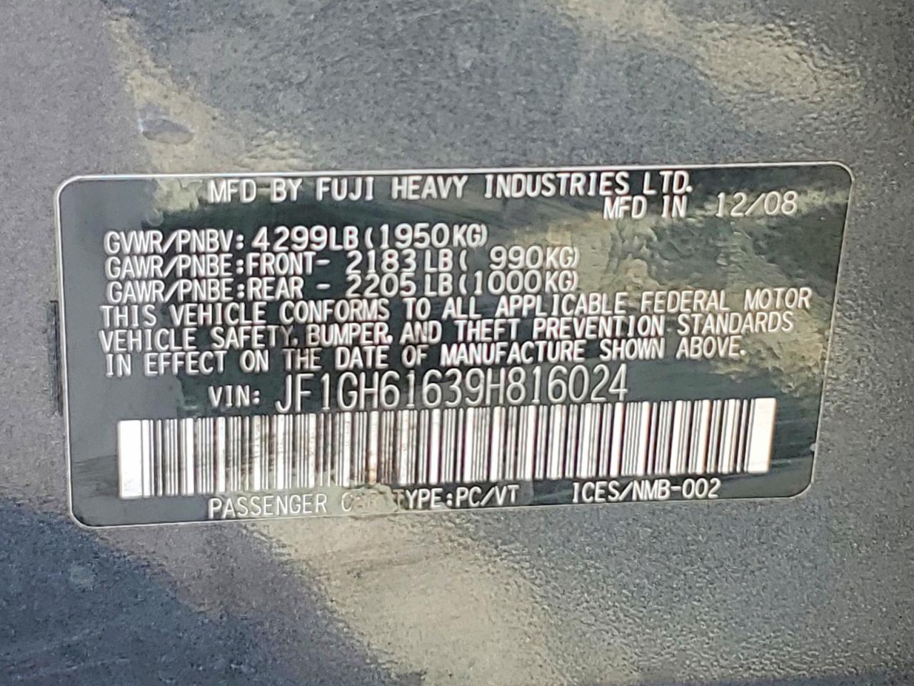 2009 Subaru Impreza 2.5i Charcoal vin: JF1GH61639H816024