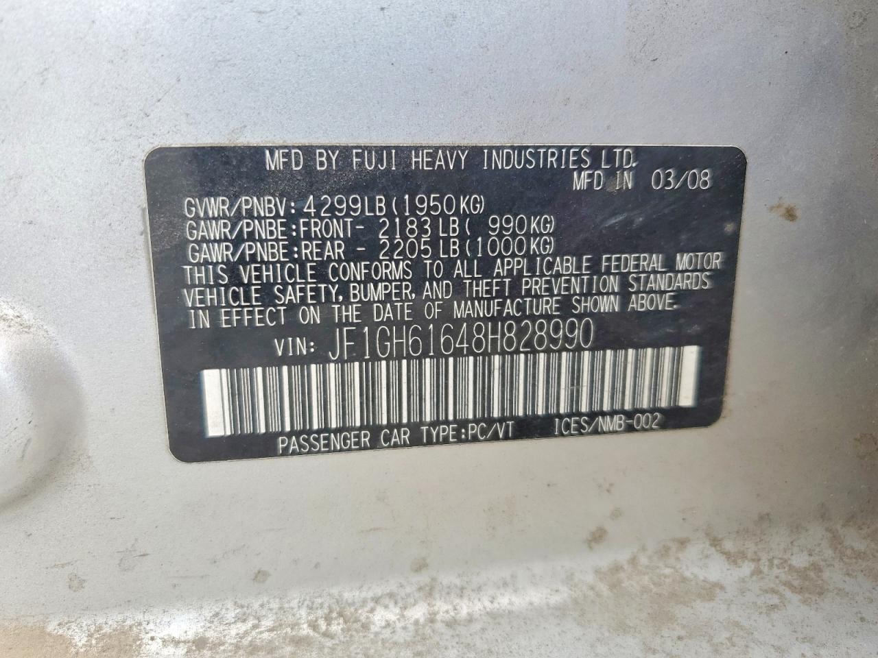 2008 Subaru Impreza 2.5i Silver vin: JF1GH61648H828990