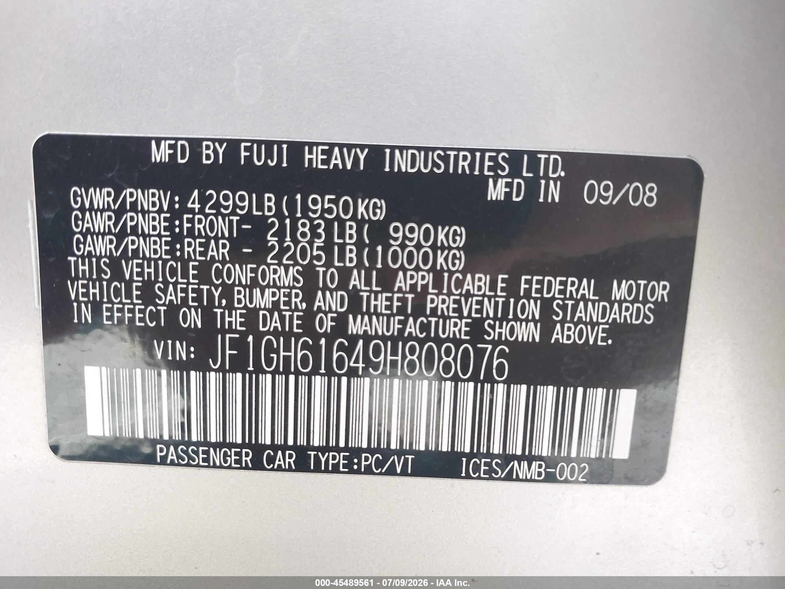 2009 Subaru Impreza 2.5i Silver vin: JF1GH61649H808076